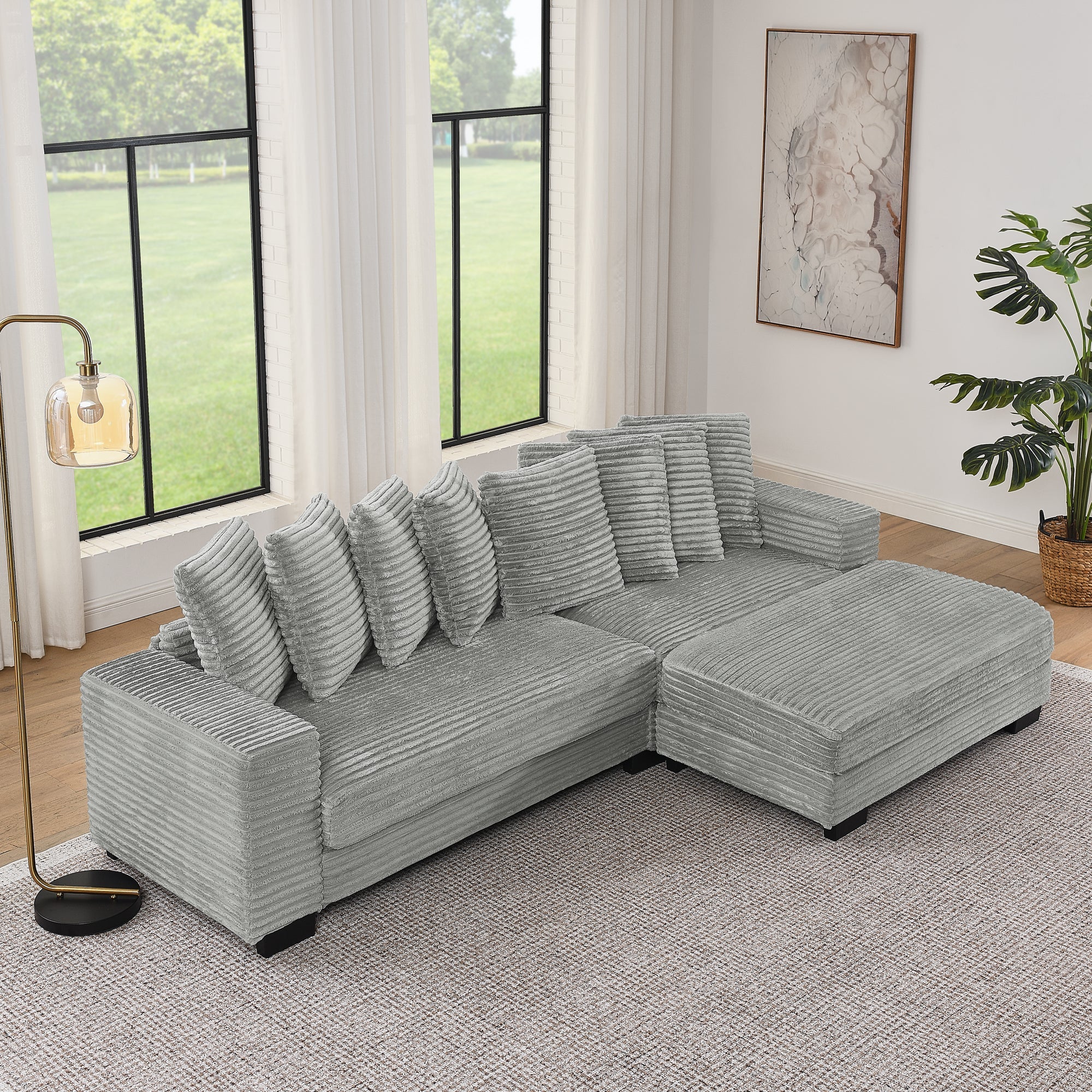 Corduroy Tufted Upholstered Sleeper Sectional Sofa, L-Shaped Modular Convertible Sofa , Can freely change the position of the footrests(Assembly is required)