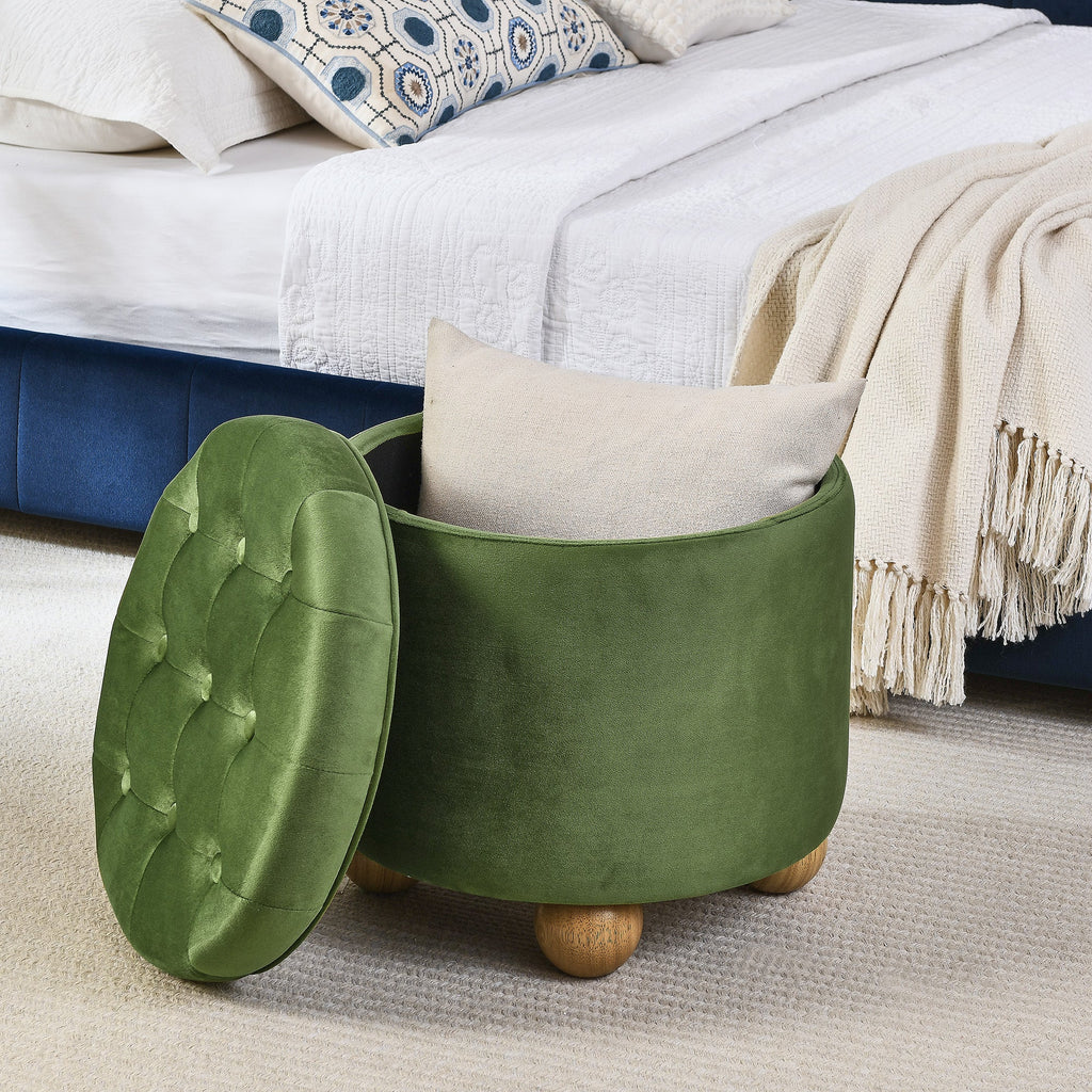 Round Storage Ottoman, multi-functional round flannel button Ottoman, lid can be turned over as a table top, with storage space