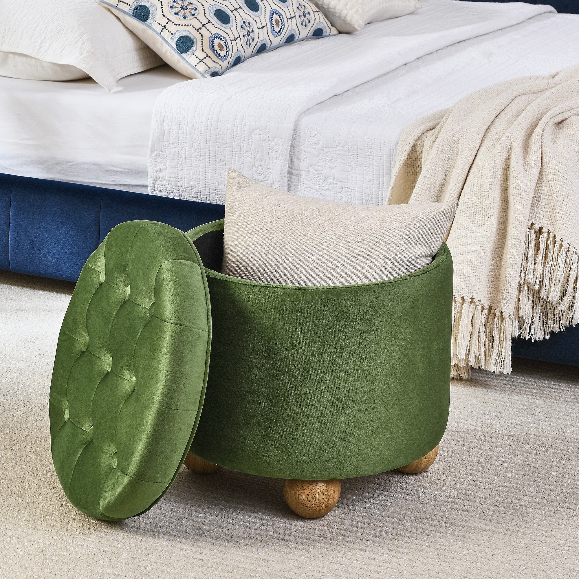 Round Storage Ottoman, multi-functional round flannel button Ottoman, lid can be turned over as a table top, with storage space