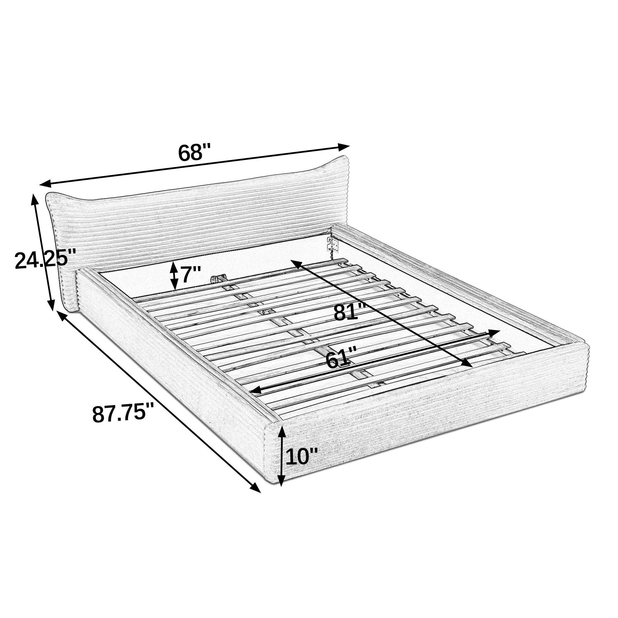 Queen Size Upholstered Bed FrameAnd velvet fabric,Grounded Platform Bed with Decorative Curved Headboard and Solid Wood Frame, No Box Spring Required(68''*87.75''*24.25'')