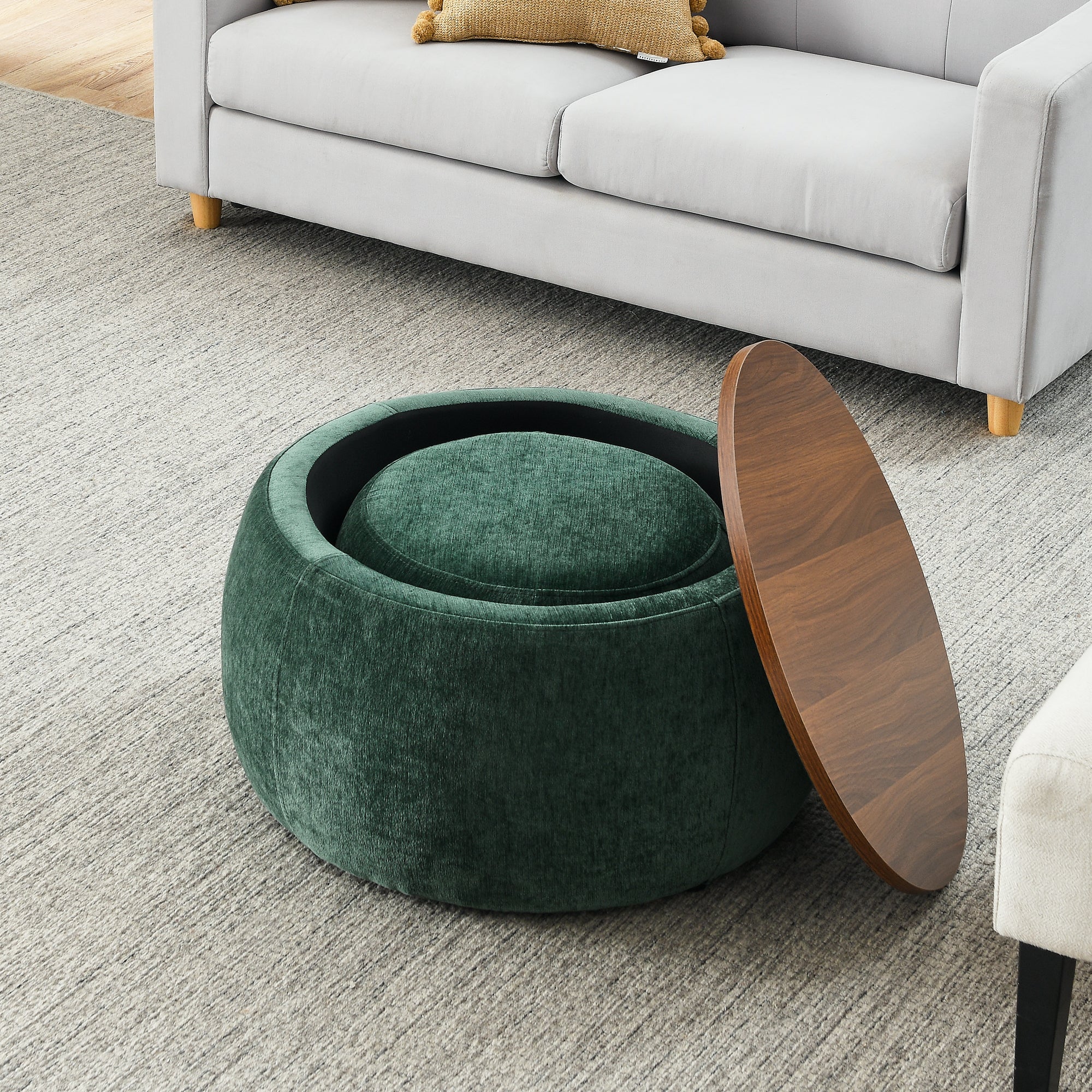 Round Storage Ottoman – 2-in-1 End Table and Ottoman with Room Drawers, Small Seat, 25"x25"x14.7", Stylish and Practical