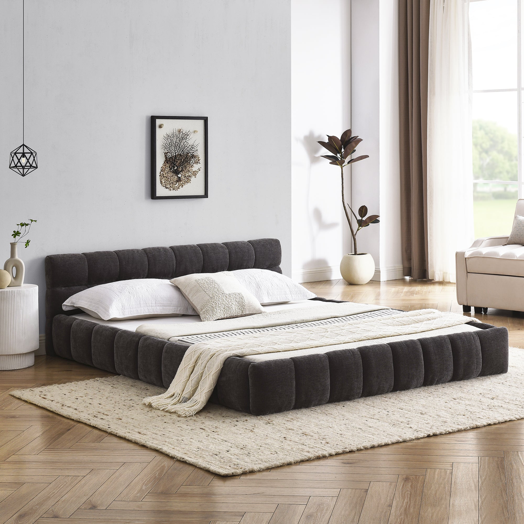 Queen Size Upholstered Bed Frame with Thick Fabric, Chenille Fabric Grounded Queen Size Platform Bed with Headboard and Solid Frame. No Box Spring Needed,(68''*86.5''*23.5'')