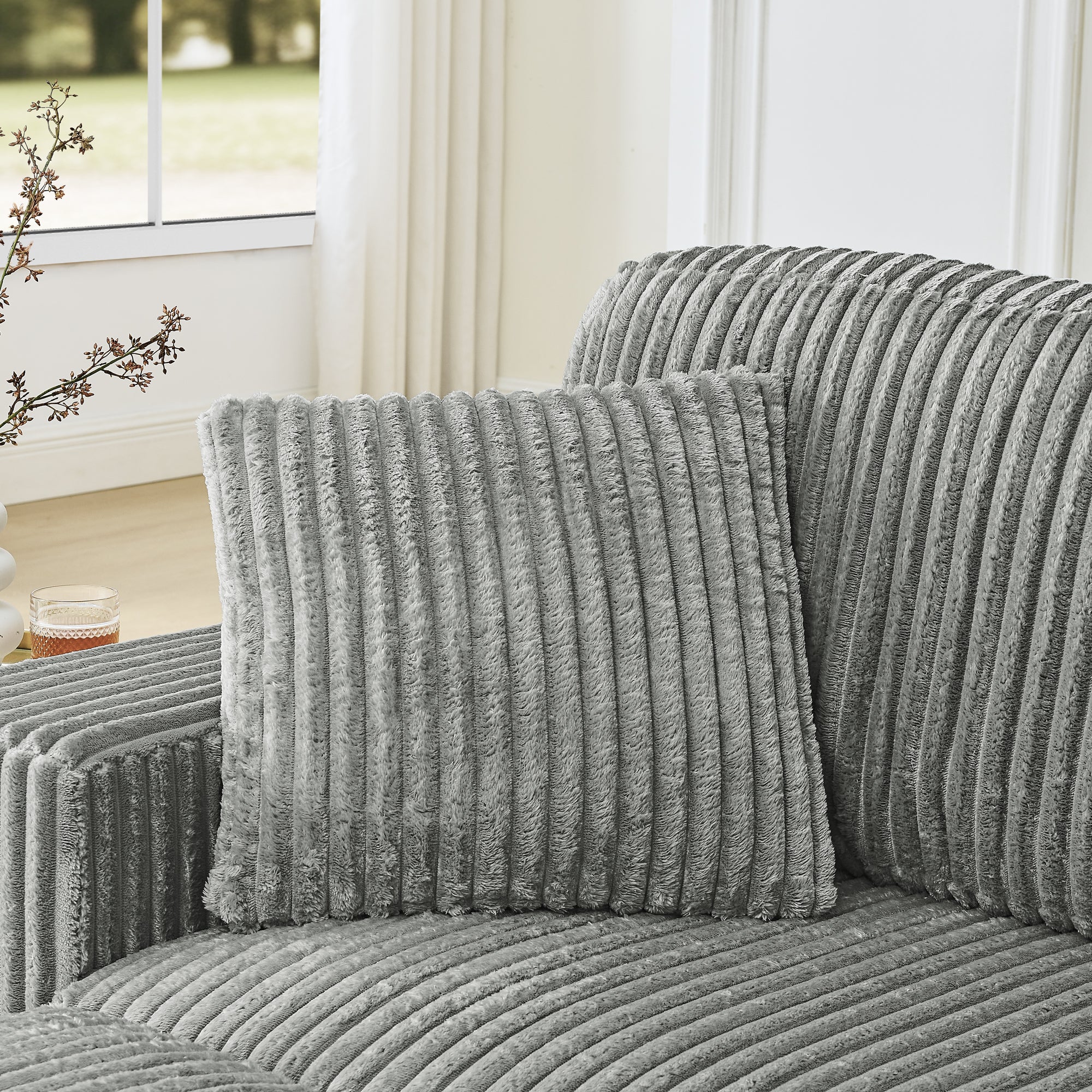 Corduroy Tufted Upholstered Sleeper Sectional Sofa, L-Shaped Modular Convertible Sofa , The arc-shaped footstool can be placed freely on the left