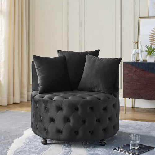 Velvet Upholstered Swivel Chair for Living Room, Button Tufted Design, Movable Wheels, Includes 3 Pillows, Stylish Accent Chair