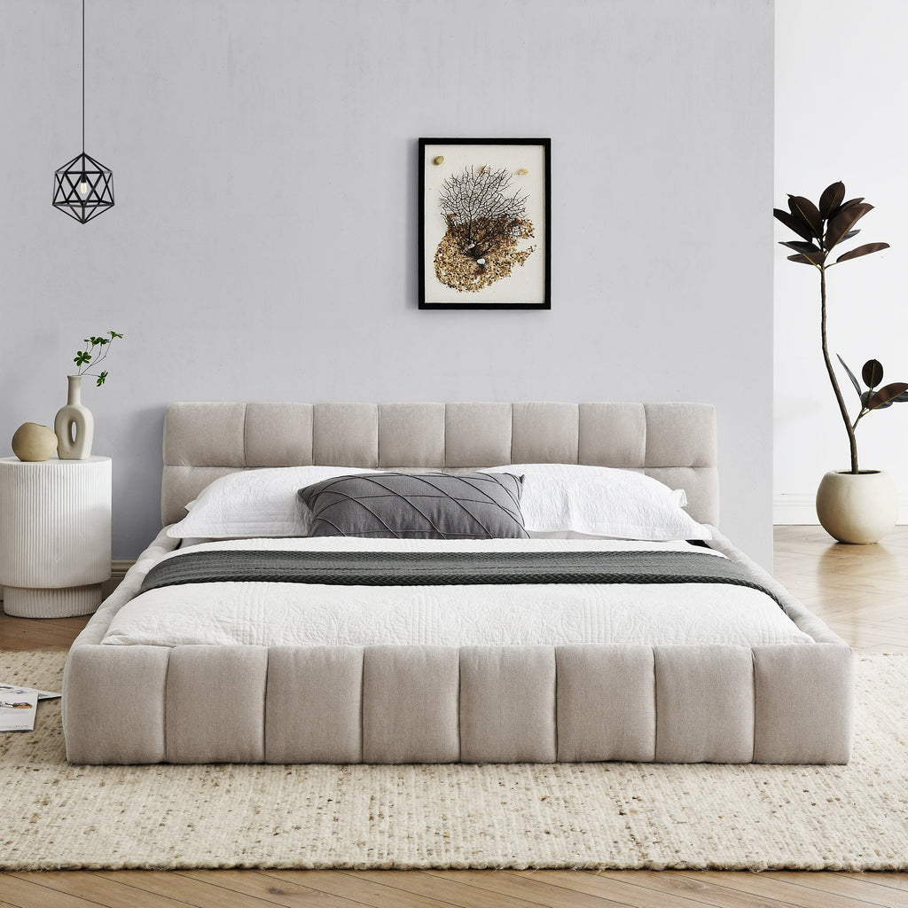 Queen Size Upholstered Bed Frame with Thick Fabric, Chenille Fabric Grounded Queen Size Platform Bed with Headboard and Solid Frame. No Box Spring Needed,(68''*86.5''*23.5'')