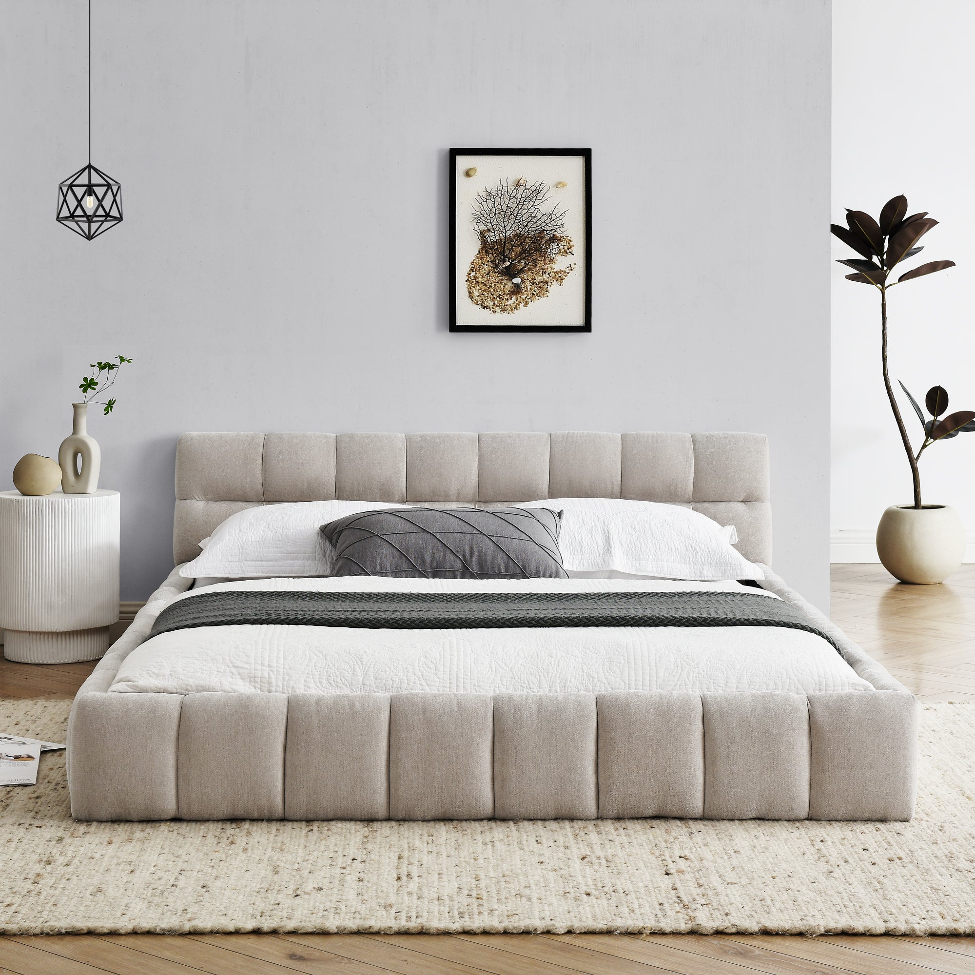 Queen Size Upholstered Bed Frame with Thick Fabric, Chenille Fabric Grounded Queen Size Platform Bed with Headboard and Solid Frame. No Box Spring Needed,(68''*86.5''*23.5'')