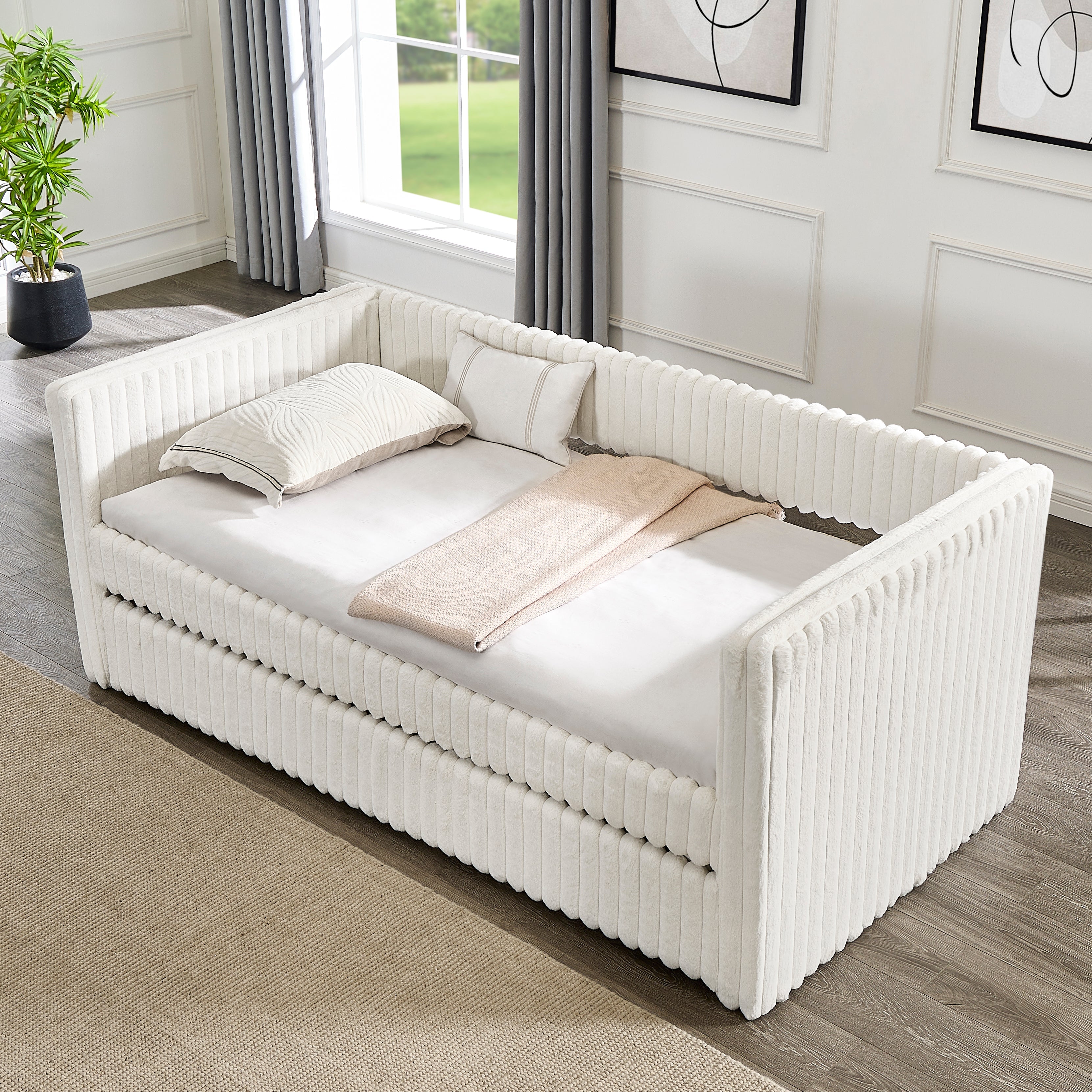 Twin Size Daybed, Upholstered sofa bed,The bottom pulls out to form a bed ,Plaid corduroy fabric(86"*43.5"*34")