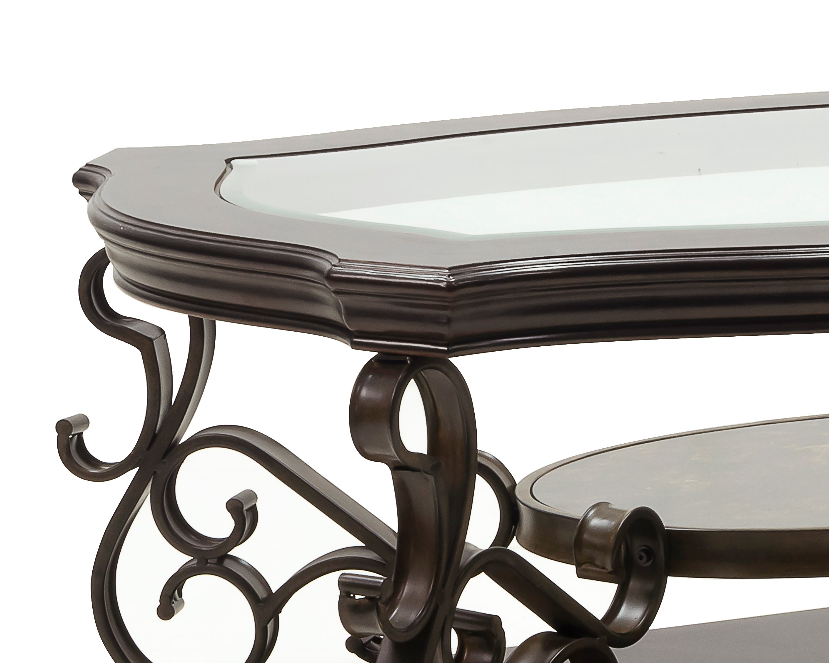 Modern Sofa Table with Elegant Glass Tabletop, MDF Middle Shelf Covered in Marble Paper, Sturdy Powder-Coated Metal Legs for Living Room