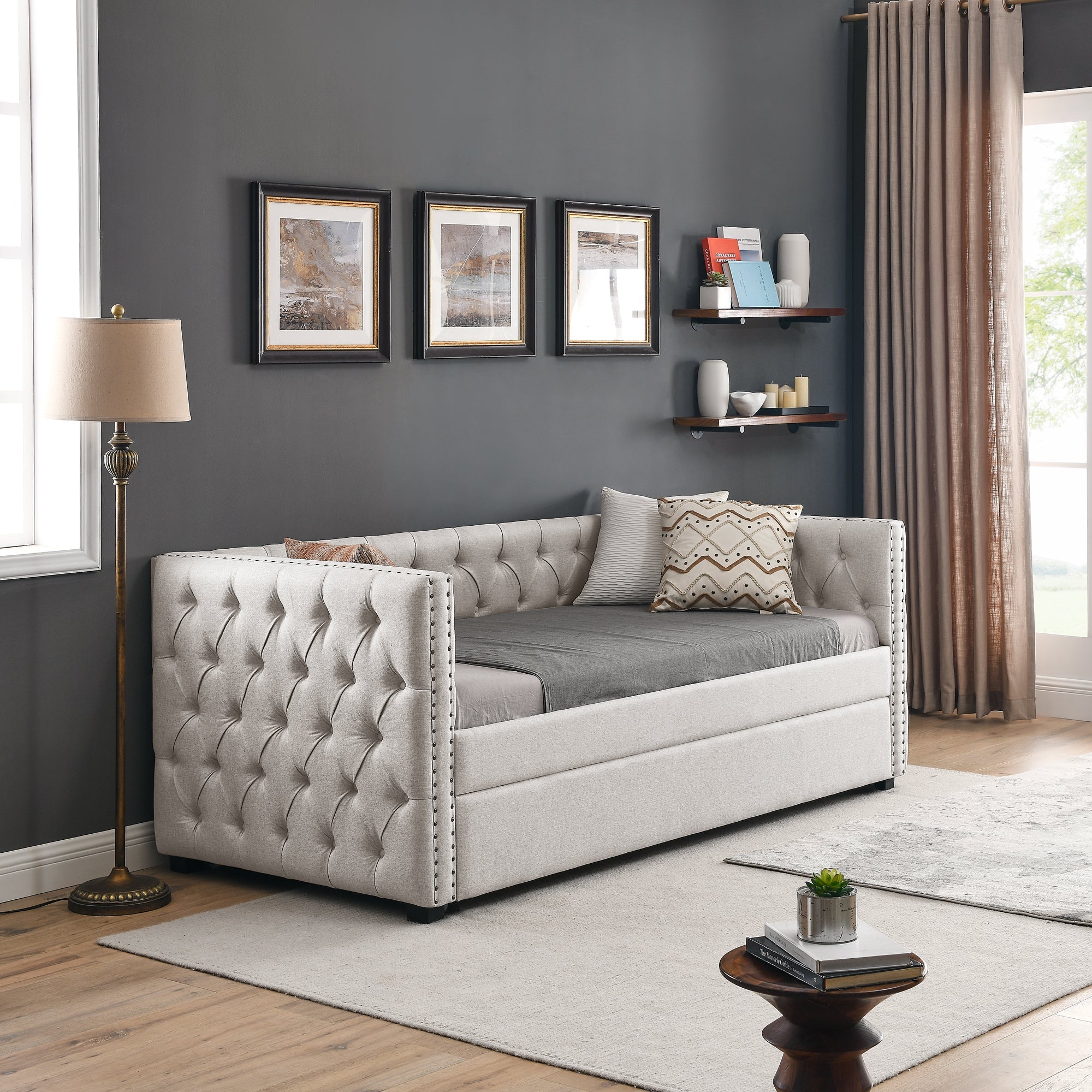 Daybed with Trundle, Upholstered Tufted Sofa Bed, Button & Copper Nail Detail on Square Arms, Twin Size, Beige (85"x42.5"x31.5")
