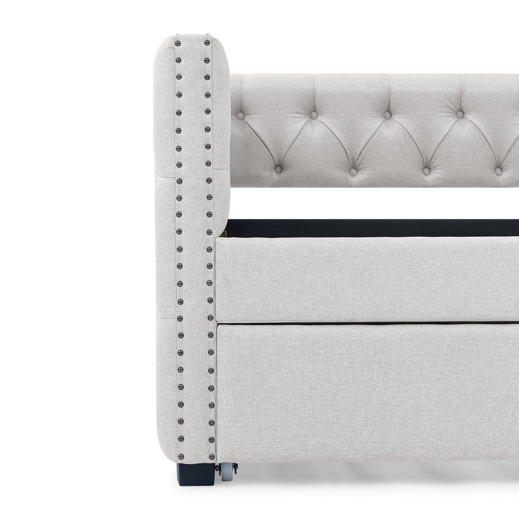 Daybed with Trundle, Upholstered Tufted Sofa Bed, Button & Copper Nail Detail on Square Arms, Twin Size, Beige (85"x42.5"x31.5")