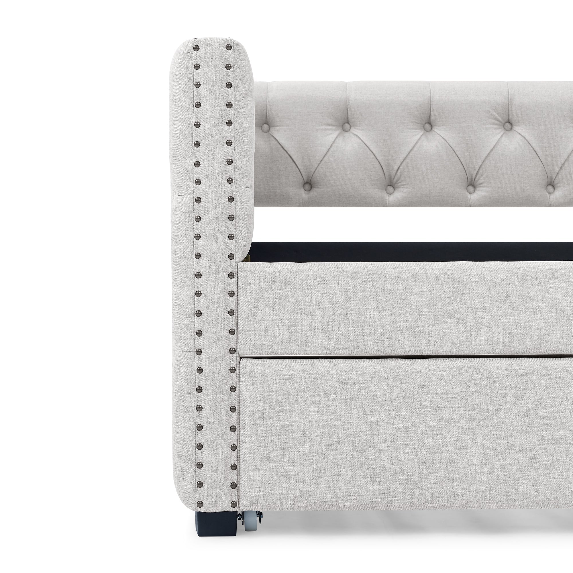 Daybed with Trundle, Upholstered Tufted Sofa Bed, Button & Copper Nail Detail on Square Arms, Twin Size, Beige (85"x42.5"x31.5")