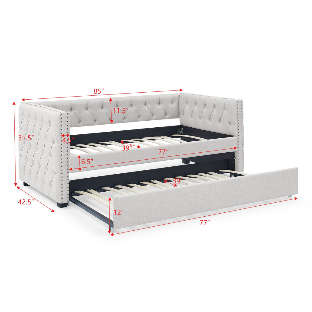 Daybed with Trundle, Upholstered Tufted Sofa Bed, Button & Copper Nail Detail on Square Arms, Twin Size, Beige (85"x42.5"x31.5")
