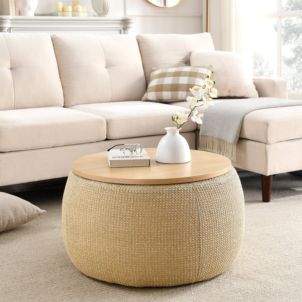 Round Storage Ottoman 2-in-1, End Table & Ottoman, Natural, 25.5"x25.5"x14.5", Hidden Storage for Living Room or Bedroom