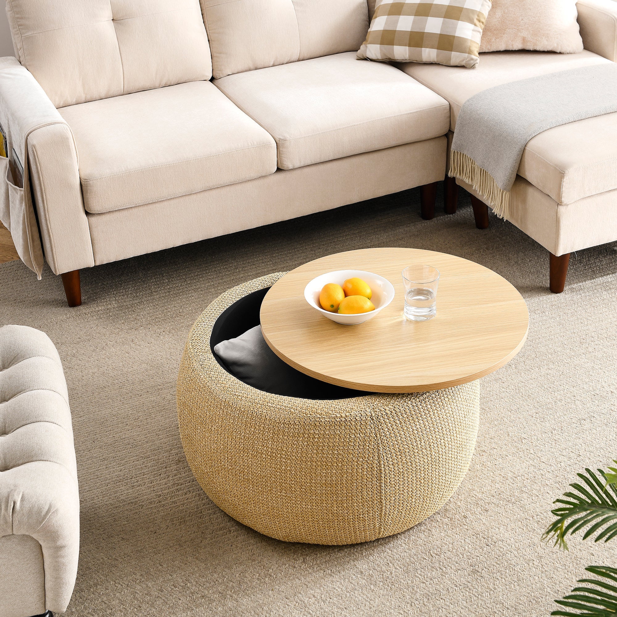 Round Storage Ottoman 2-in-1, End Table & Ottoman, Natural, 25.5"x25.5"x14.5", Hidden Storage for Living Room or Bedroom