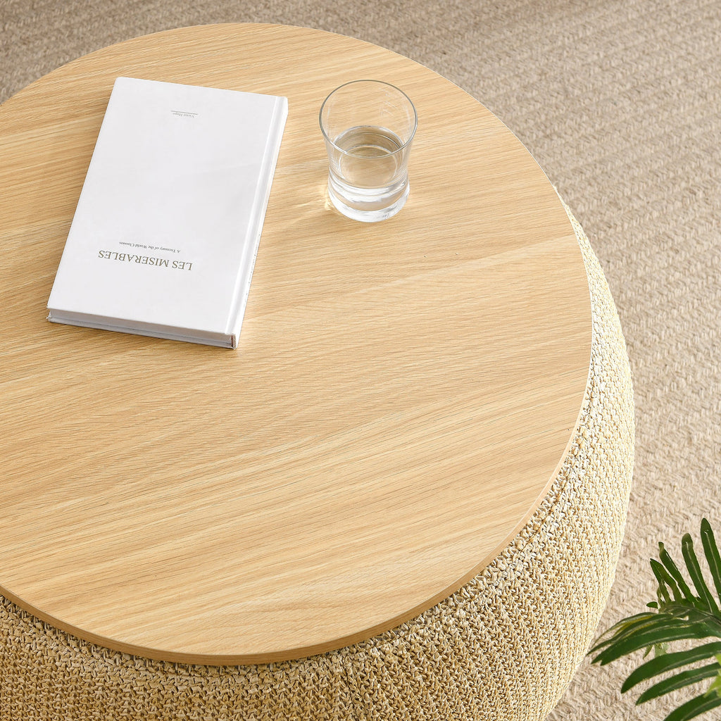 Round Storage Ottoman 2-in-1, End Table & Ottoman, Natural, 25.5"x25.5"x14.5", Hidden Storage for Living Room or Bedroom