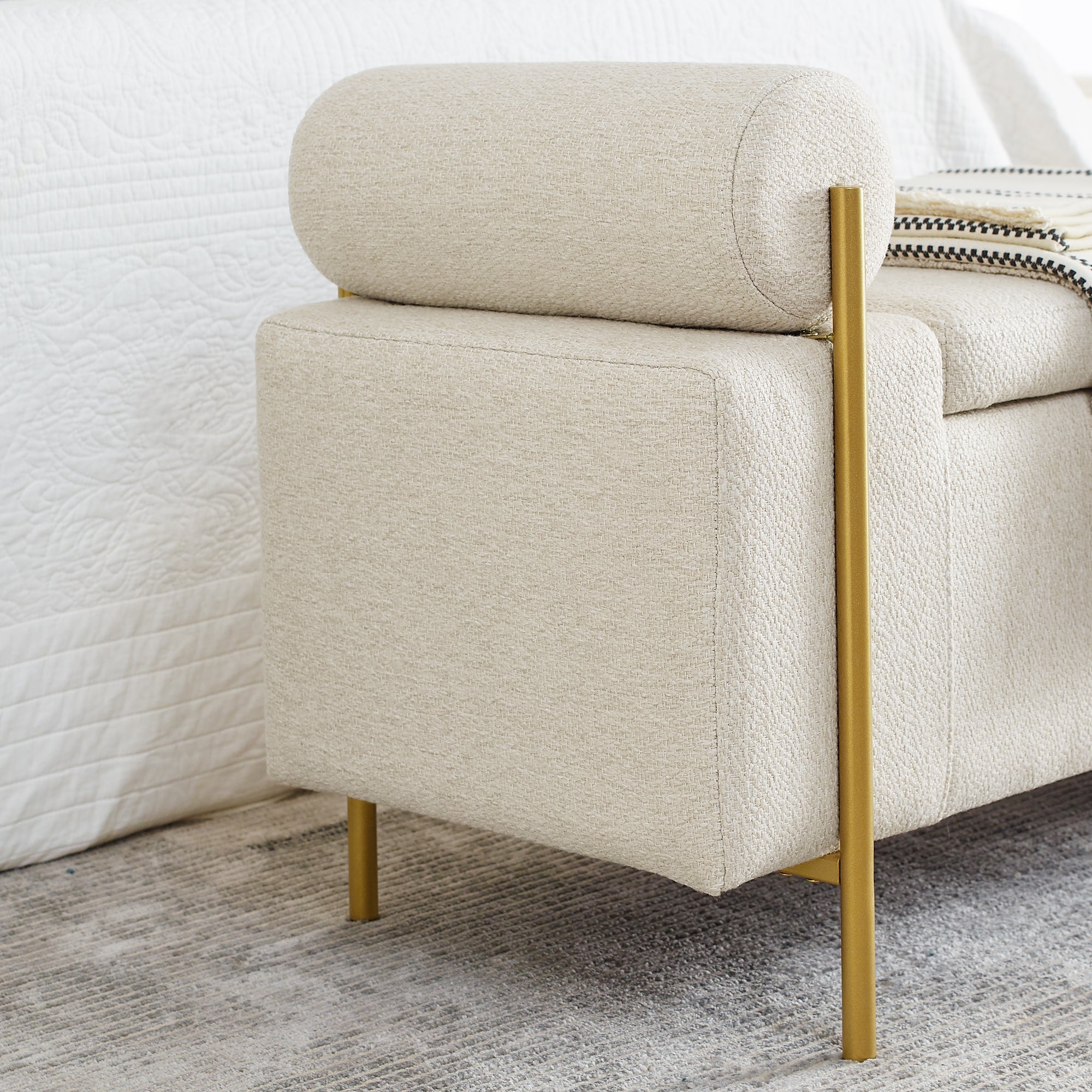 Elegant Beige Upholstered Linen Ottoman Chair with Storage, Cylindrical Arms&Iron Legs, Perfect for Hallway, Living Room&Bedroom