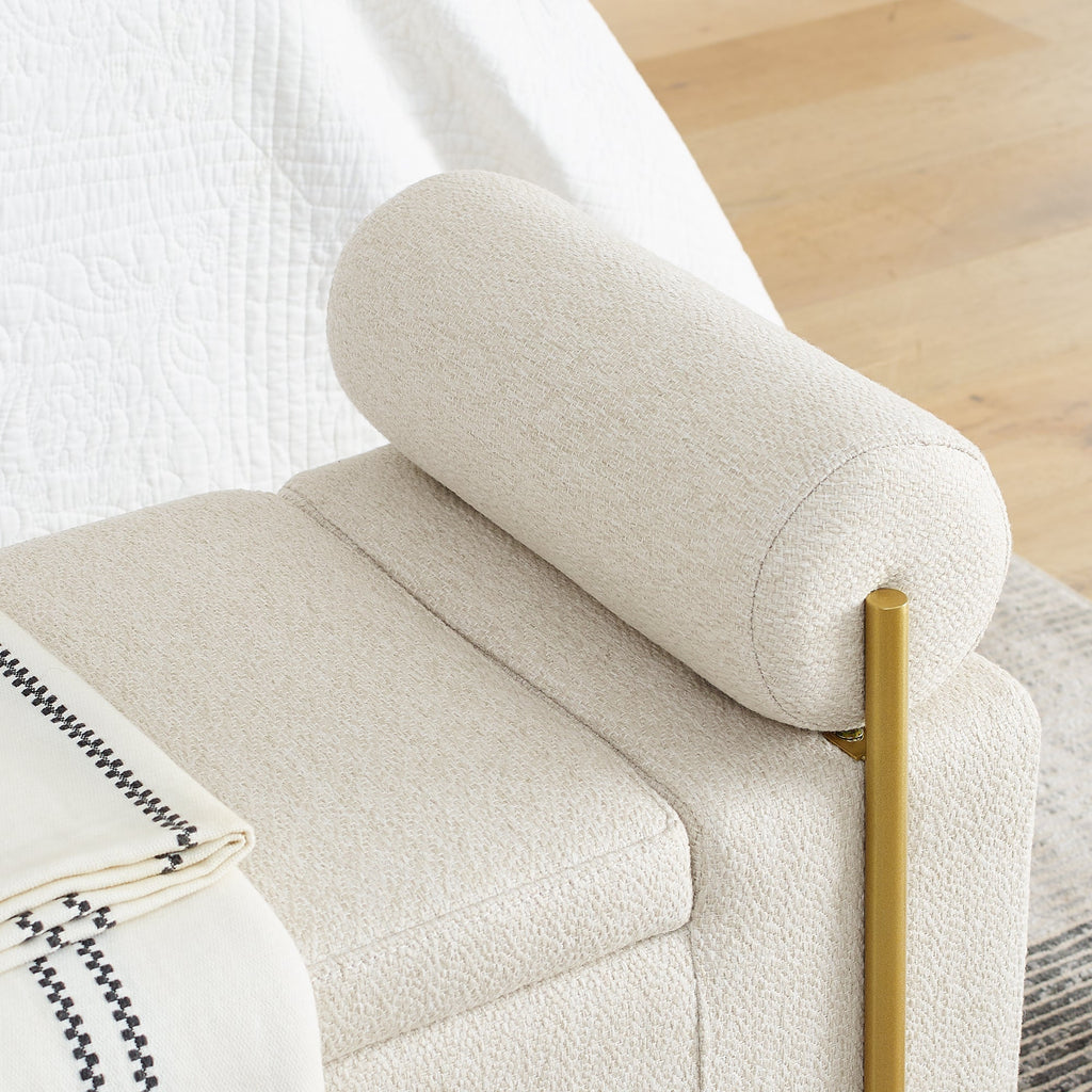 Elegant Beige Upholstered Linen Ottoman Chair with Storage, Cylindrical Arms&Iron Legs, Perfect for Hallway, Living Room&Bedroom