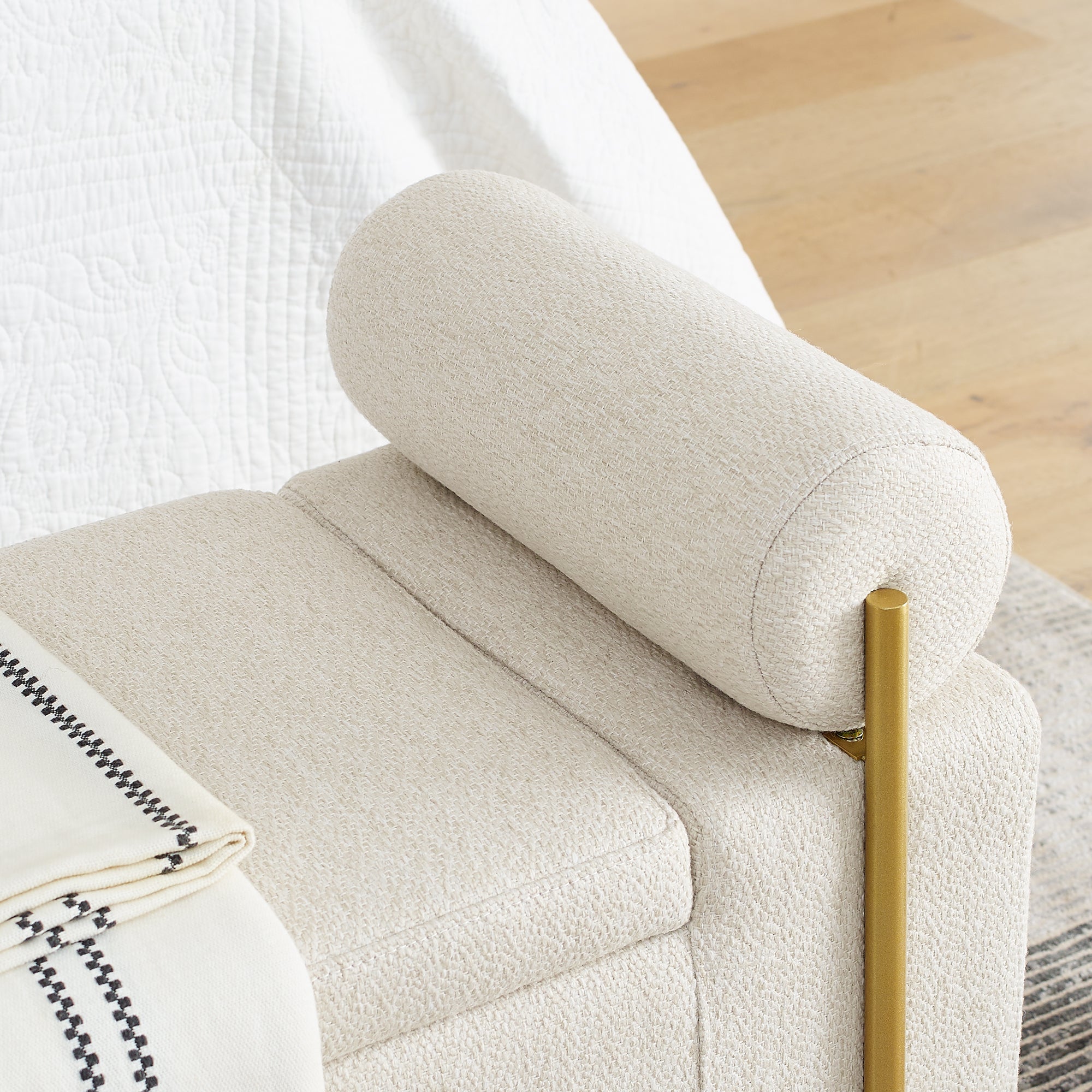 Elegant Beige Upholstered Linen Ottoman Chair with Storage, Cylindrical Arms&Iron Legs, Perfect for Hallway, Living Room&Bedroom