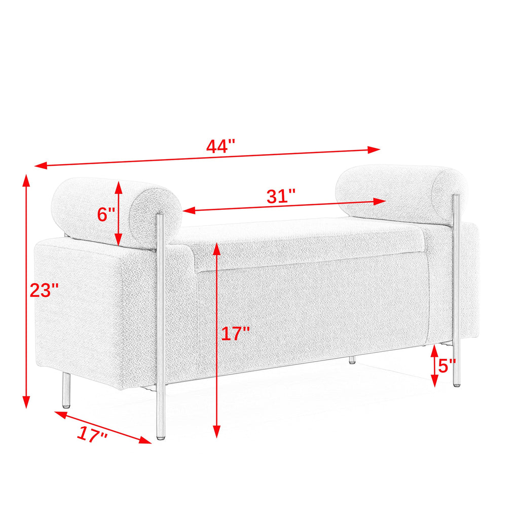 Elegant Beige Upholstered Linen Ottoman Chair with Storage, Cylindrical Arms&Iron Legs, Perfect for Hallway, Living Room&Bedroom