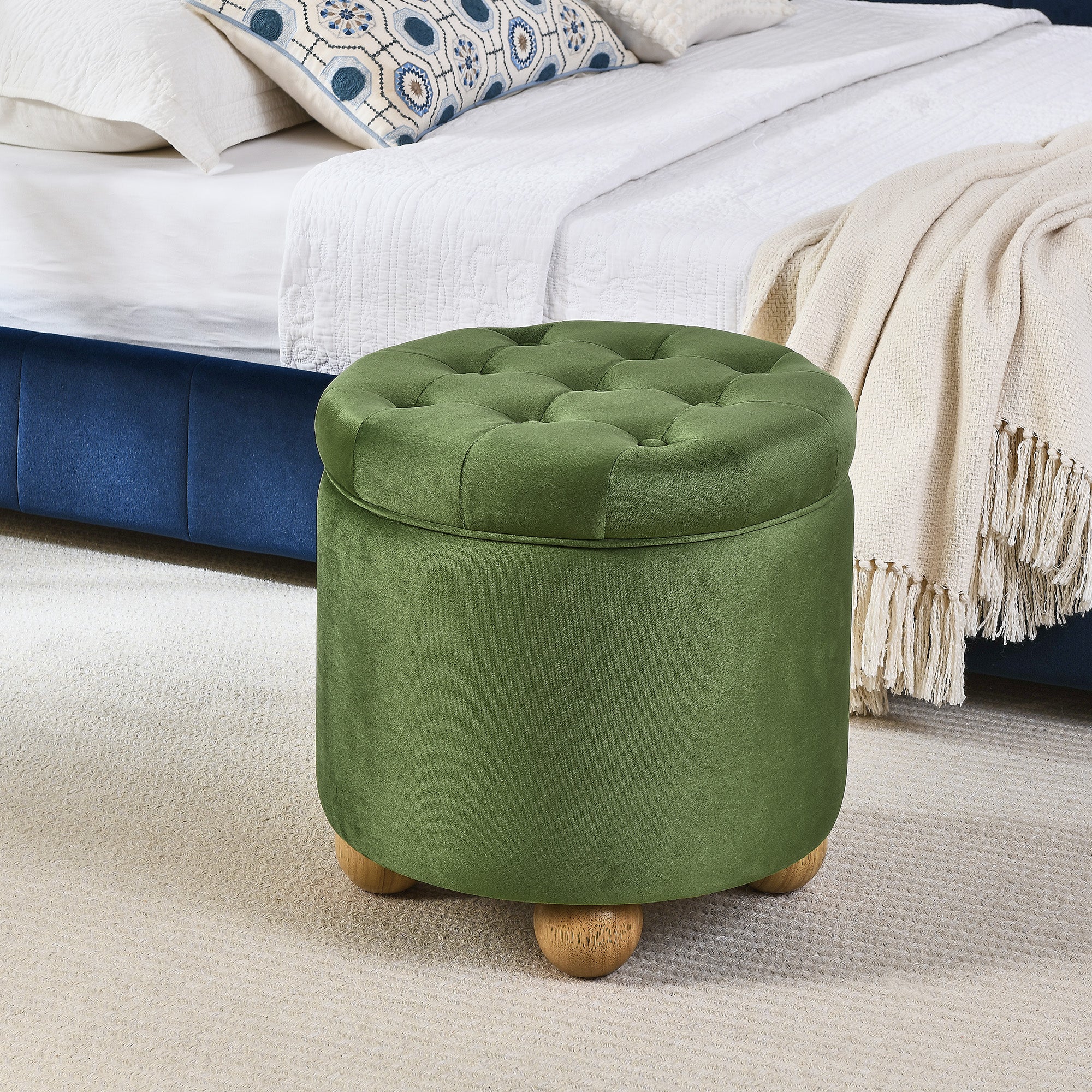 Round Storage Ottoman, multi-functional round flannel button Ottoman, lid can be turned over as a table top, with storage space