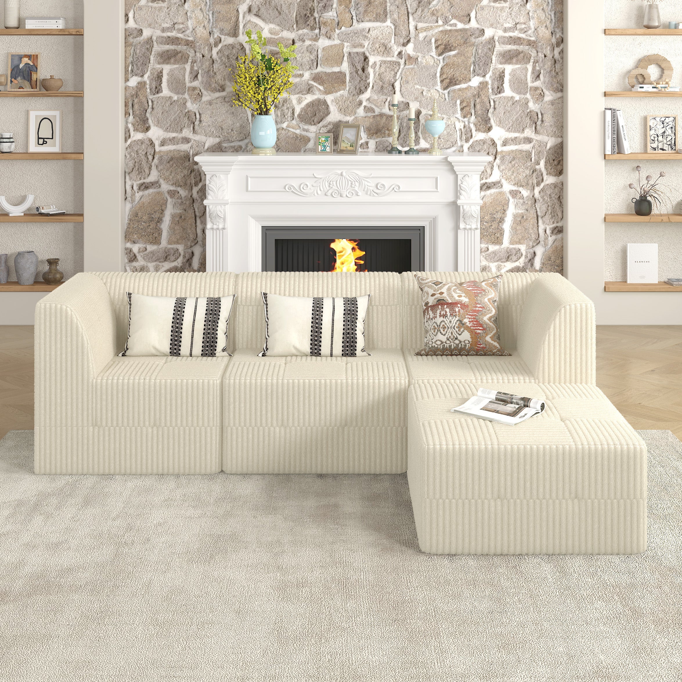L-Shape Modular Sectional Sofa, DIY Compressed Corduroy Couch in Modern Minimalist Style, Space-Efficient Sleeper Sofa for Living Room and Bedroom