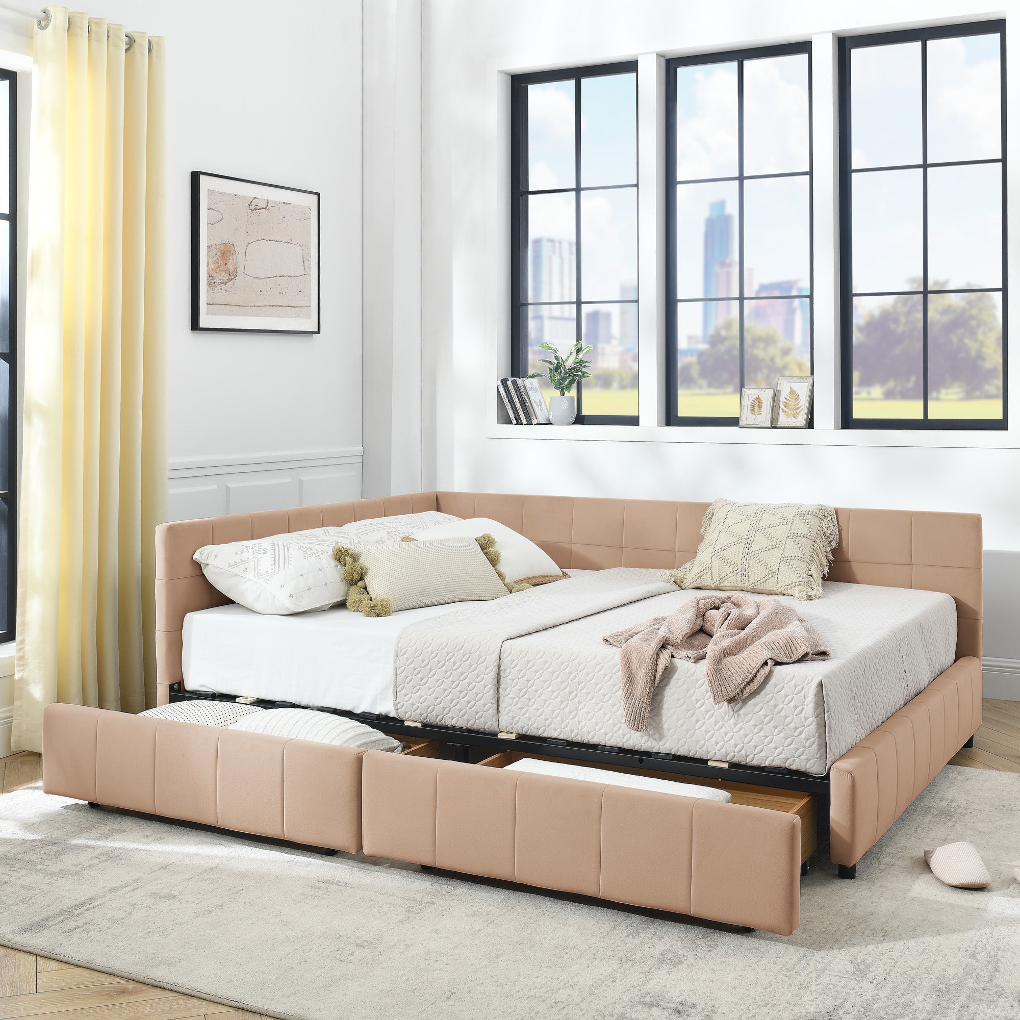Queen Size Storage Upholstered Tufted Bed Frame with Sofa-Style Backrest & Armrests, Velvet Upholstery for Bedroom & Living Room