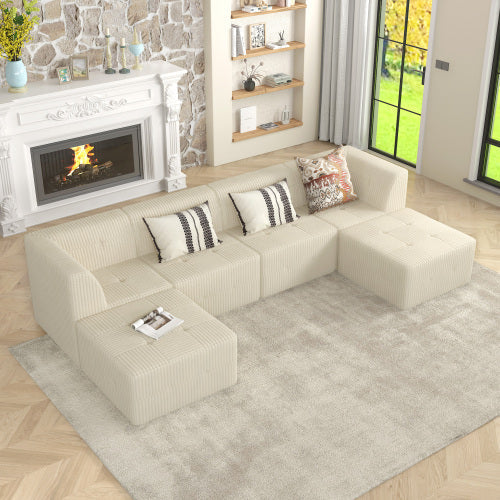 U-Shape Modular Sectional Sofa, Compressed Corduroy Couch in Modern Minimalist Style, Comfortable Sleeper Sofa for Living Room and Bedroom, Space-Efficient Design
