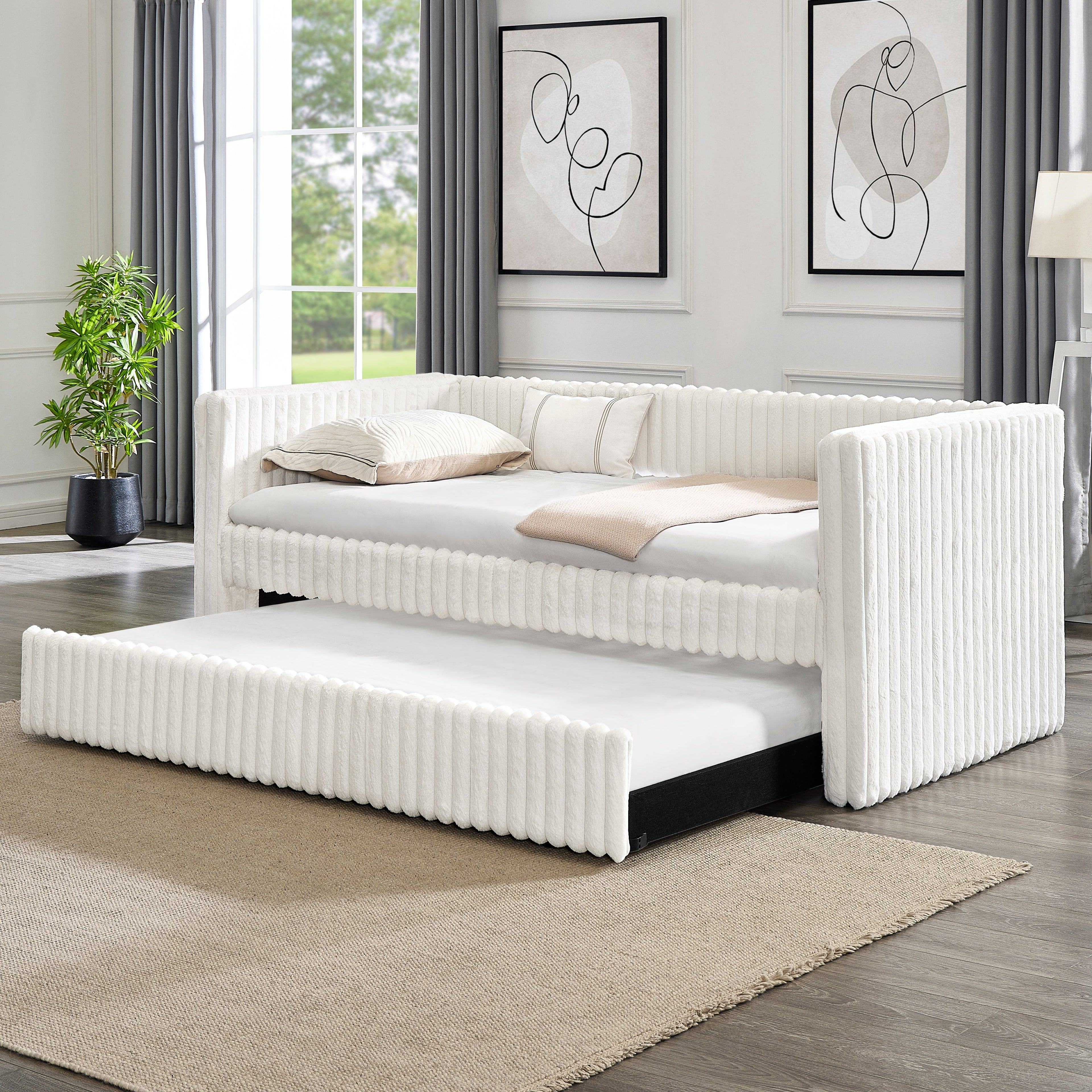 Twin Size Daybed, Upholstered sofa bed,The bottom pulls out to form a bed ,Plaid corduroy fabric(86"*43.5"*34")