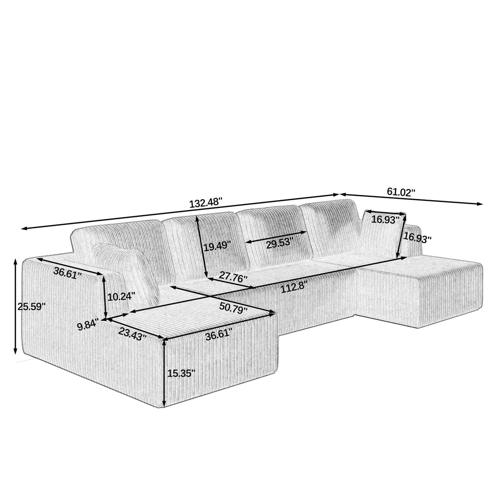 Modern U-Shaped Modular Sofa, Compressed Corduroy Sectional Couch, Convertible Sleeper Sofa for Bedroom,Living Room,Comfortable