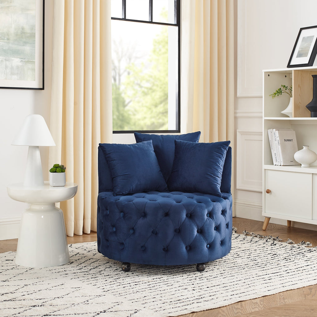 Velvet Upholstered Swivel Chair for Living Room, Button Tufted Design, Movable Wheels, Includes 3 Pillows, Stylish Accent Chair