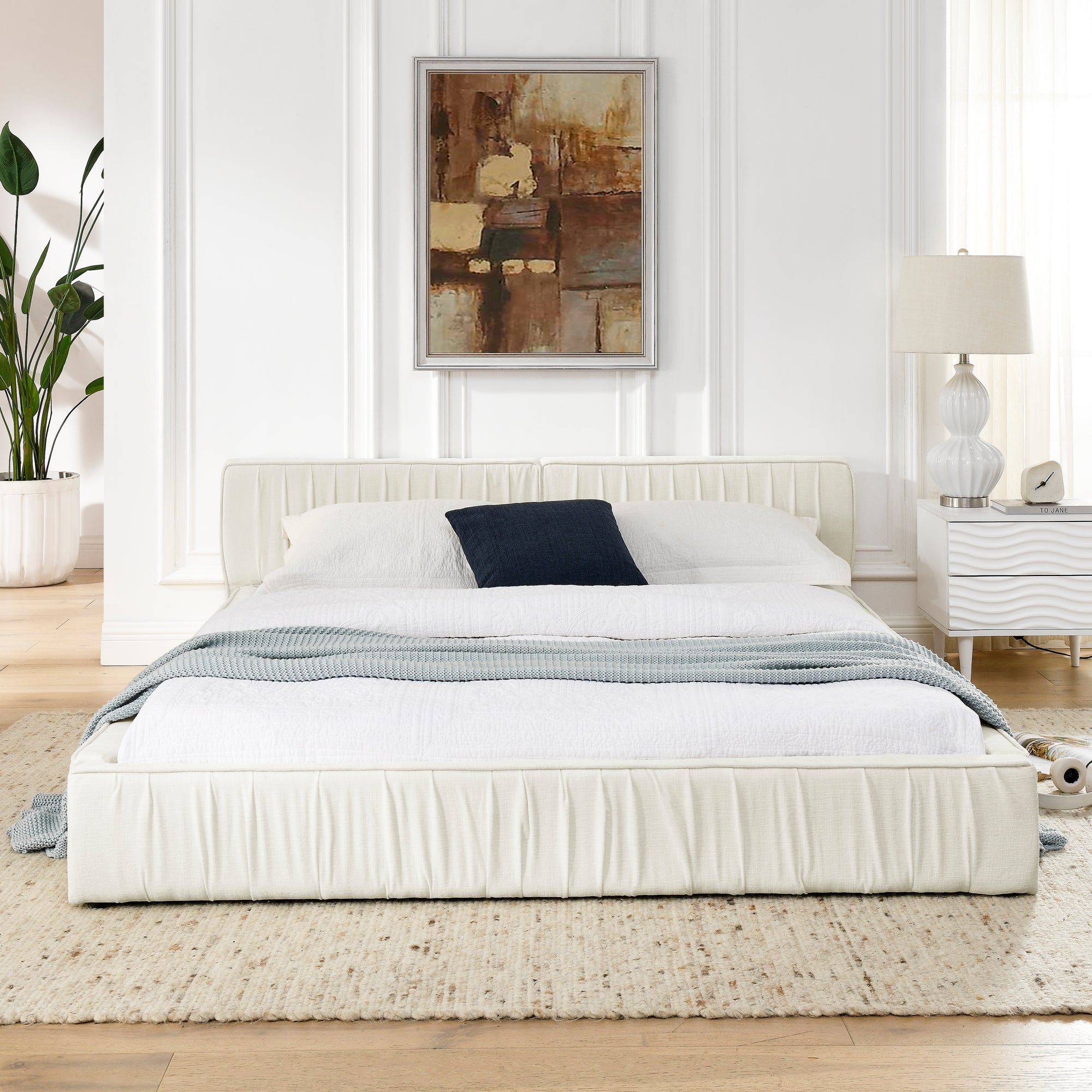 Queen Size Upholstered Bed Frame with Chenille fabric with pleated design,Grounded Queen Size Platform Bed with Headboard and Solid Frame. No Box Spring Needed(88"*67"*23.5")