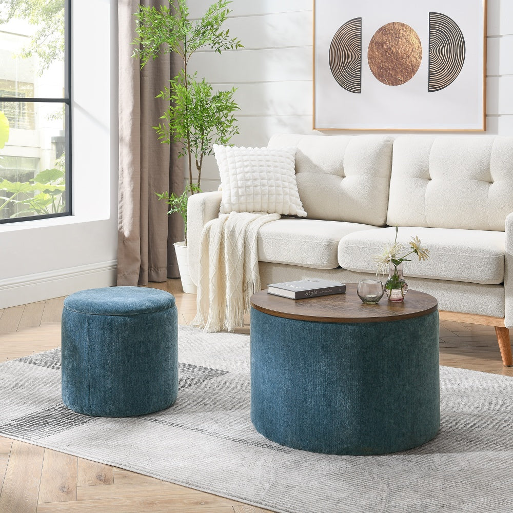 2-Piece Set Round Chenille Storage Ottoman with Drum-Shaped Small Stool, Ample Storage Space & MDF Desktop Panel for Convenient