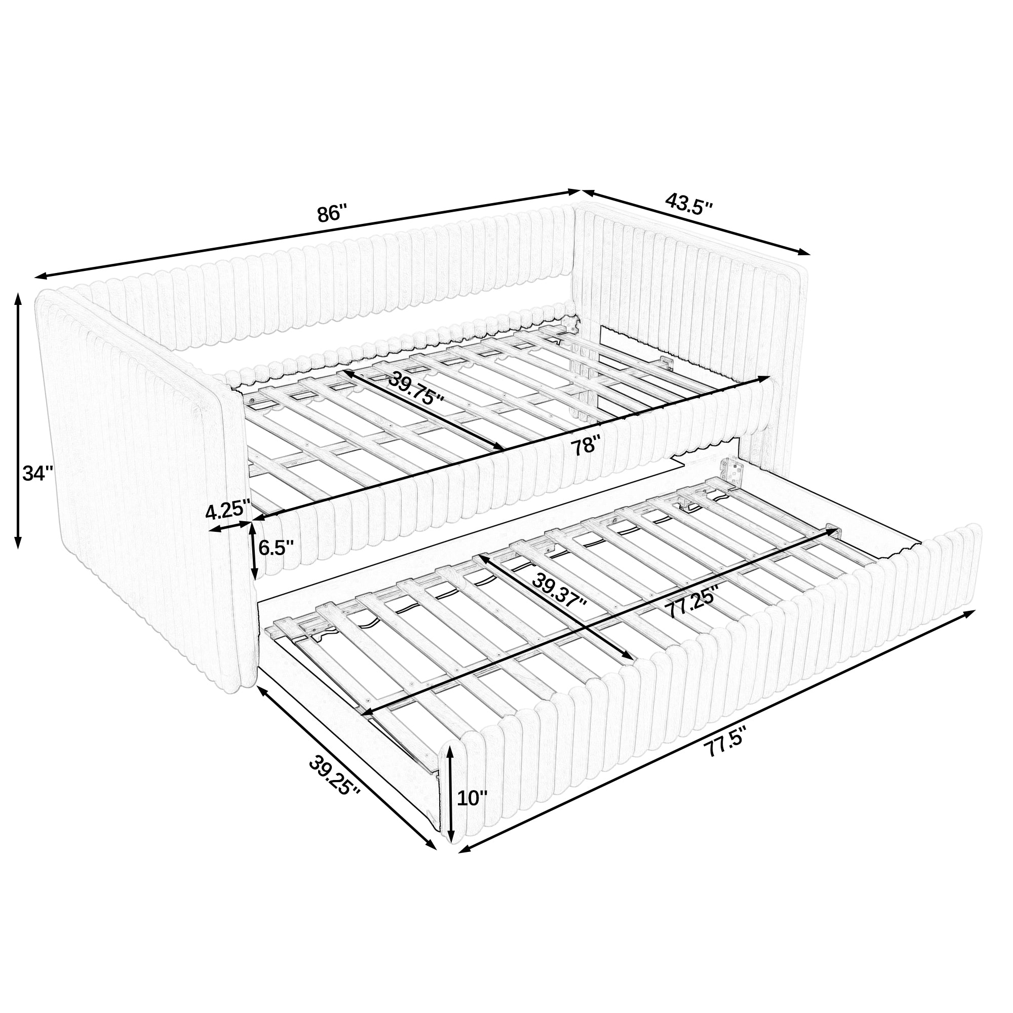 Twin Size Daybed, Upholstered sofa bed,The bottom pulls out to form a bed ,Plaid corduroy fabric(86"*43.5"*34")