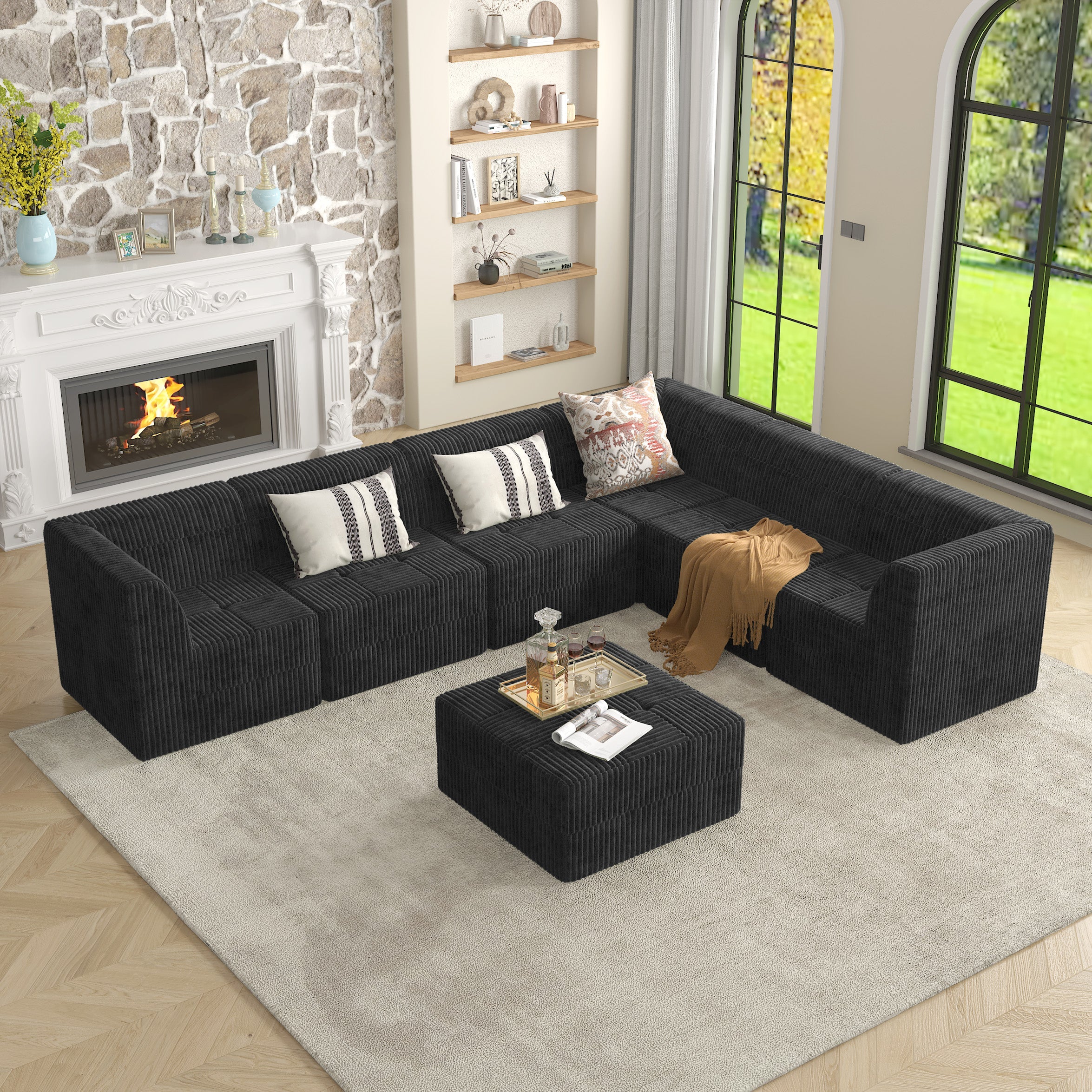 L-Shape Modular Sectional Sofa, DIY Compressed Modern Minimalist Corduroy Couch, Sleeper Sofa for Living Room & Bedroom, Space-Efficient & Comfy