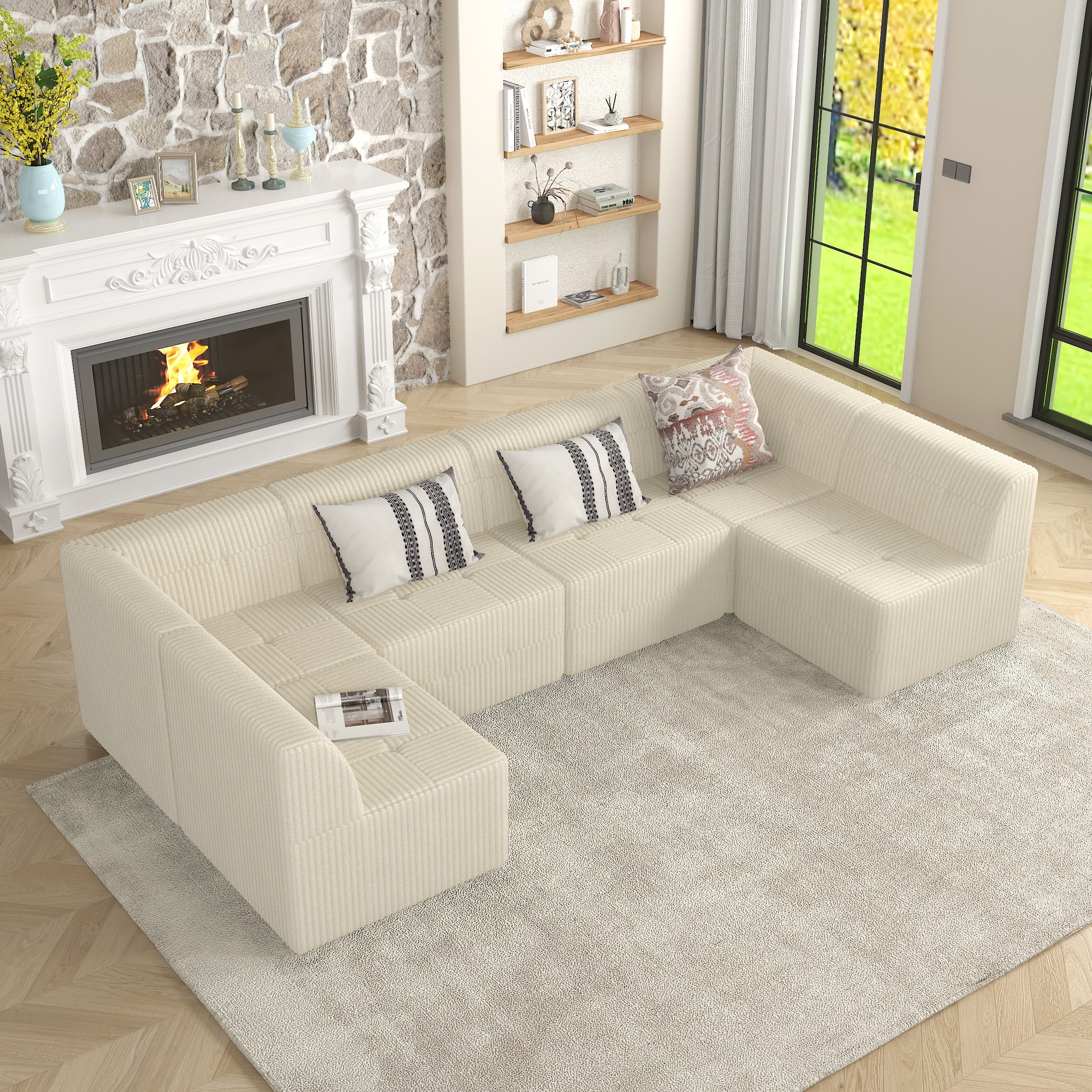 Minimalist U-Shaped Sectional Sofa – Compressed Corduroy Couch, Sleeper Design for Living Room & Bedroom,Space-Efficient Comfort
