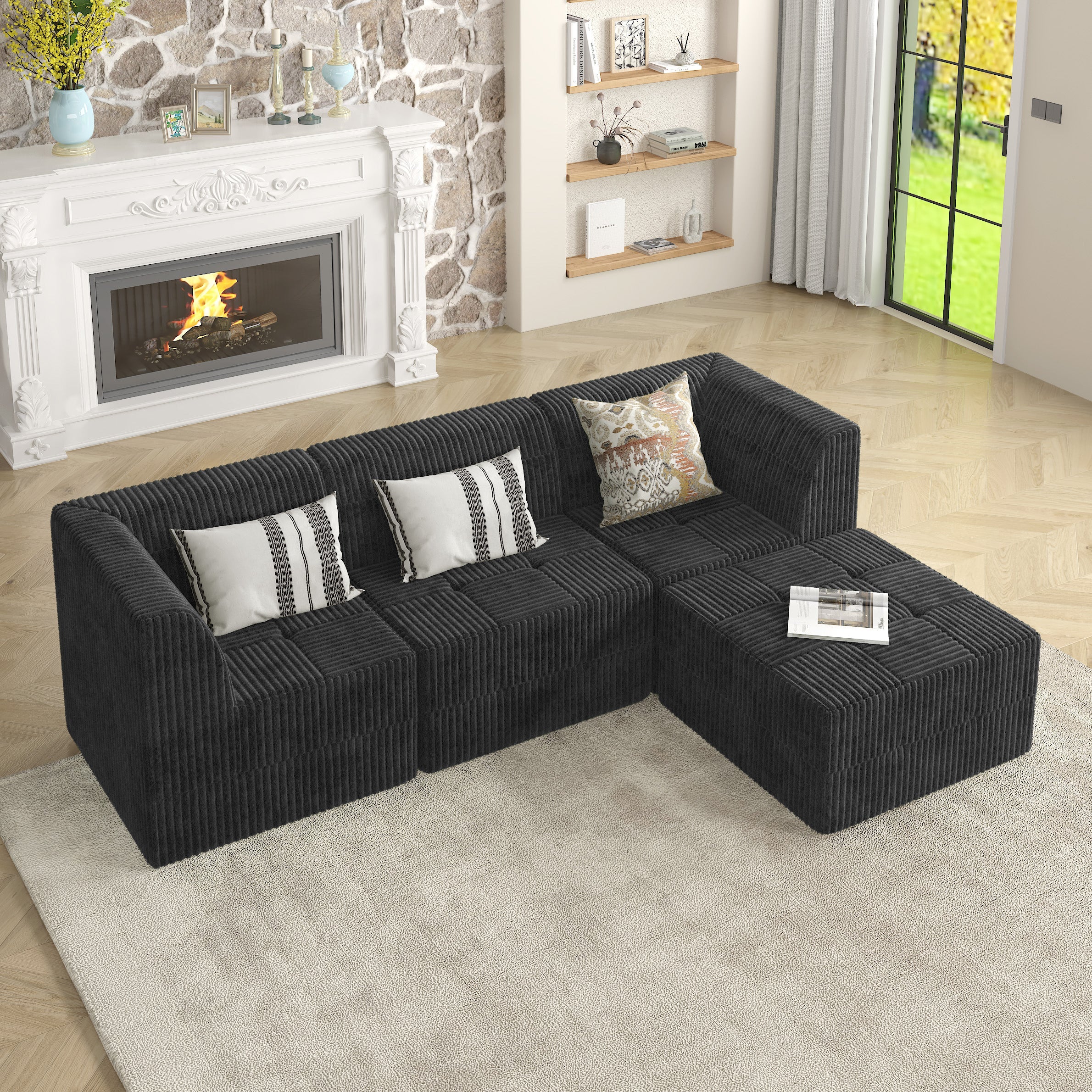 L-Shape Modular Sectional Sofa, DIY Compressed Corduroy Couch in Modern Minimalist Style, Space-Efficient Sleeper Sofa for Living Room and Bedroom