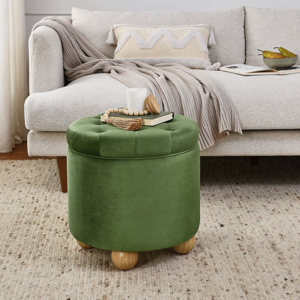 Round Storage Ottoman, multi-functional round flannel button Ottoman, lid can be turned over as a table top, with storage space