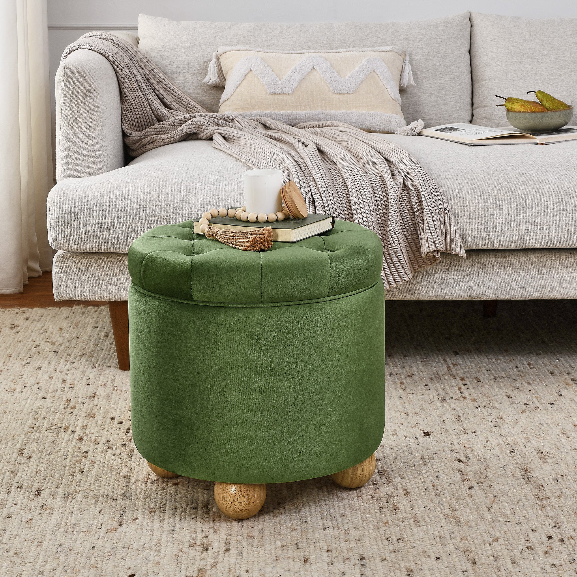 Round Storage Ottoman, multi-functional round flannel button Ottoman, lid can be turned over as a table top, with storage space