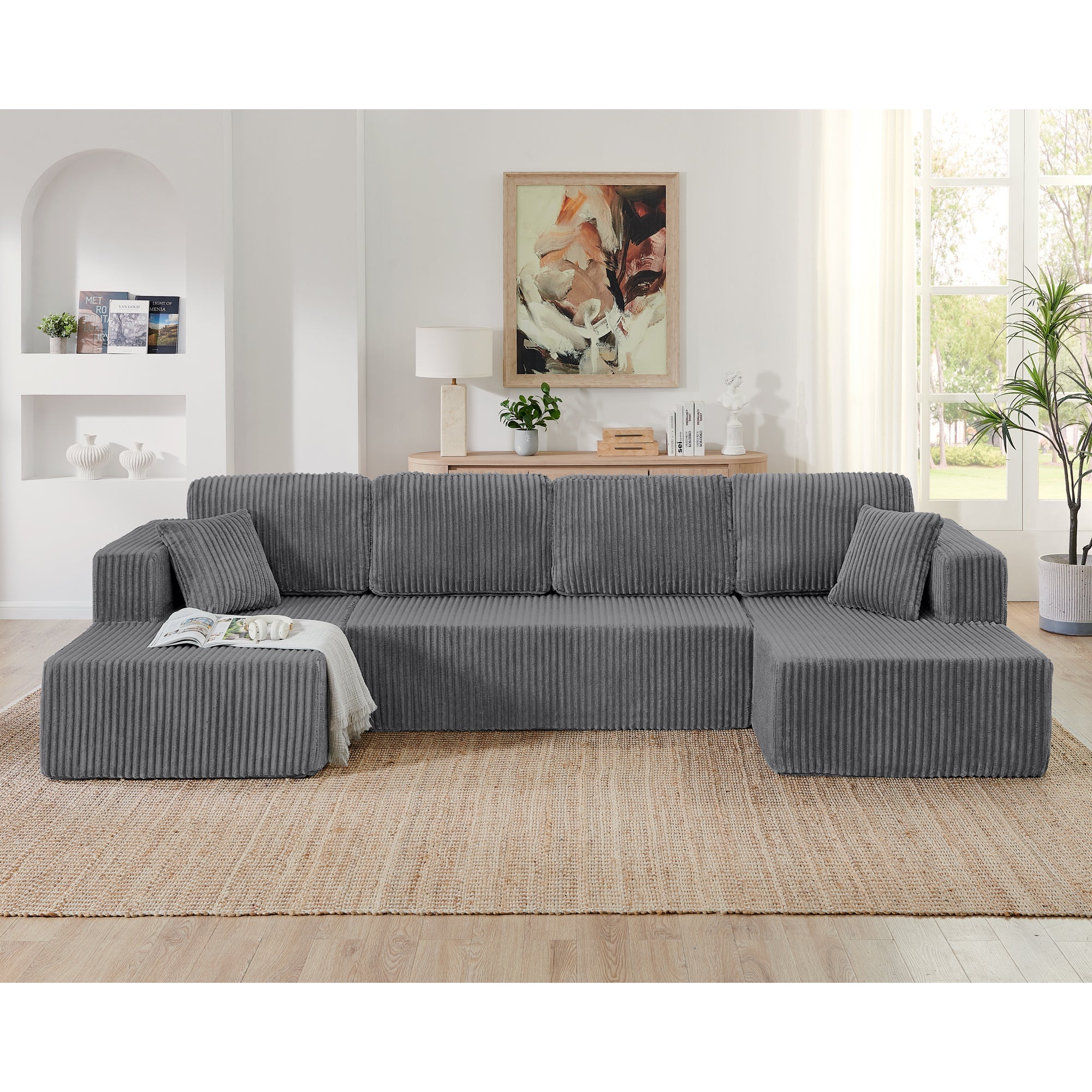 U shape Modular Sectional Sofa, Compressed Sectional Sofa Modern Minimalist Style Corduroy Couch, Sleeper Sofa for Living Room, Bedroom, Comfy Compressed Sofa Couch Space-Efficient Design-green
