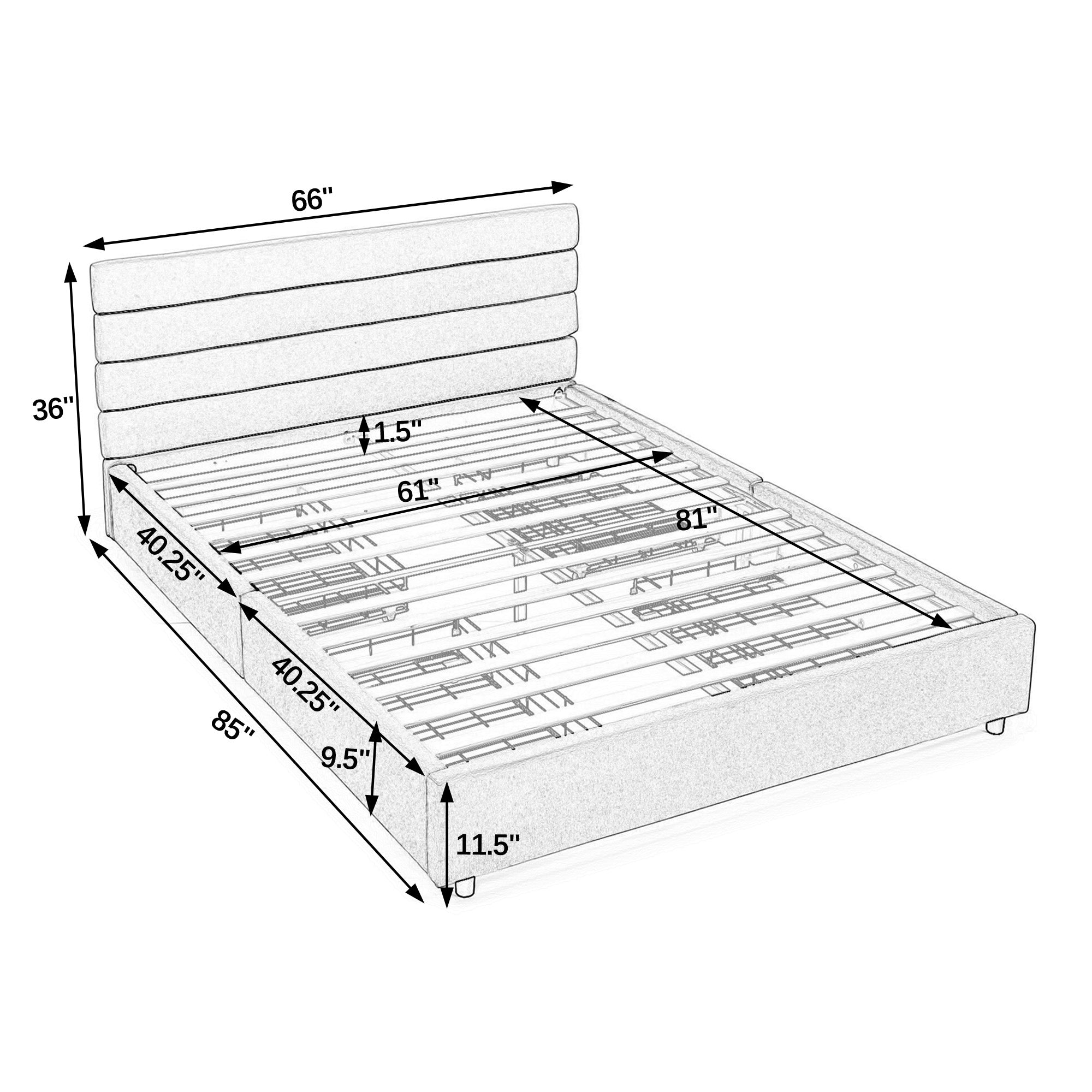 Queen size cushioned bed, comfortable cushioned bed frame, headboard and solid bed frame -  (85 "x 66" x 36 ")