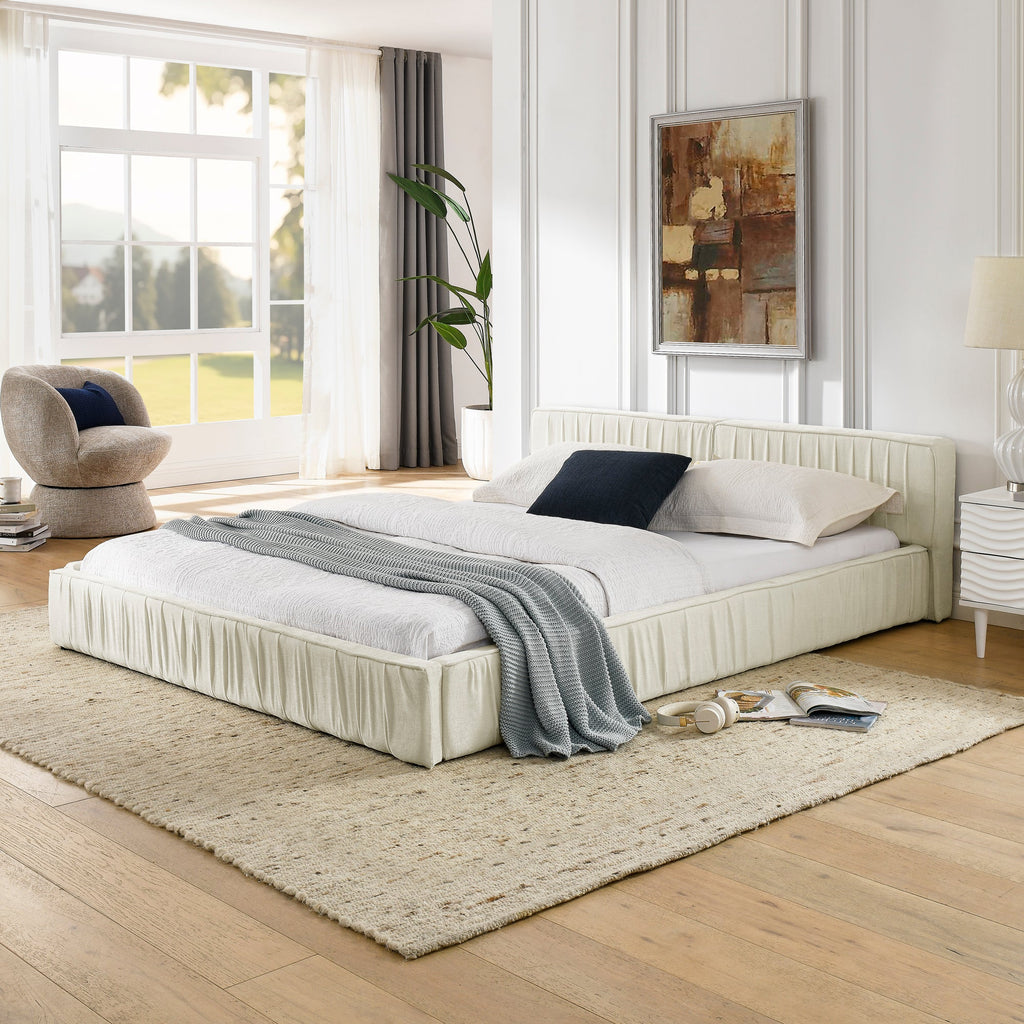 Queen Size Upholstered Bed Frame with Chenille fabric with pleated design,Grounded Queen Size Platform Bed with Headboard and Solid Frame. No Box Spring Needed(88"*67"*23.5")
