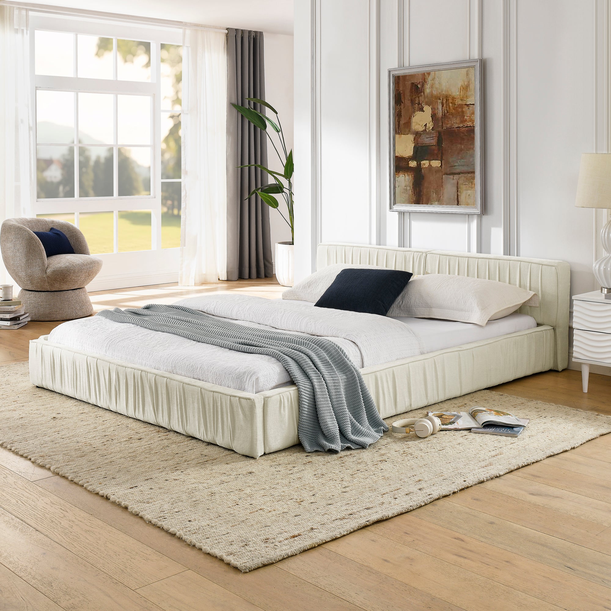 Queen Size Upholstered Bed Frame with Chenille fabric with pleated design,Grounded Queen Size Platform Bed with Headboard and Solid Frame. No Box Spring Needed(88"*67"*23.5")