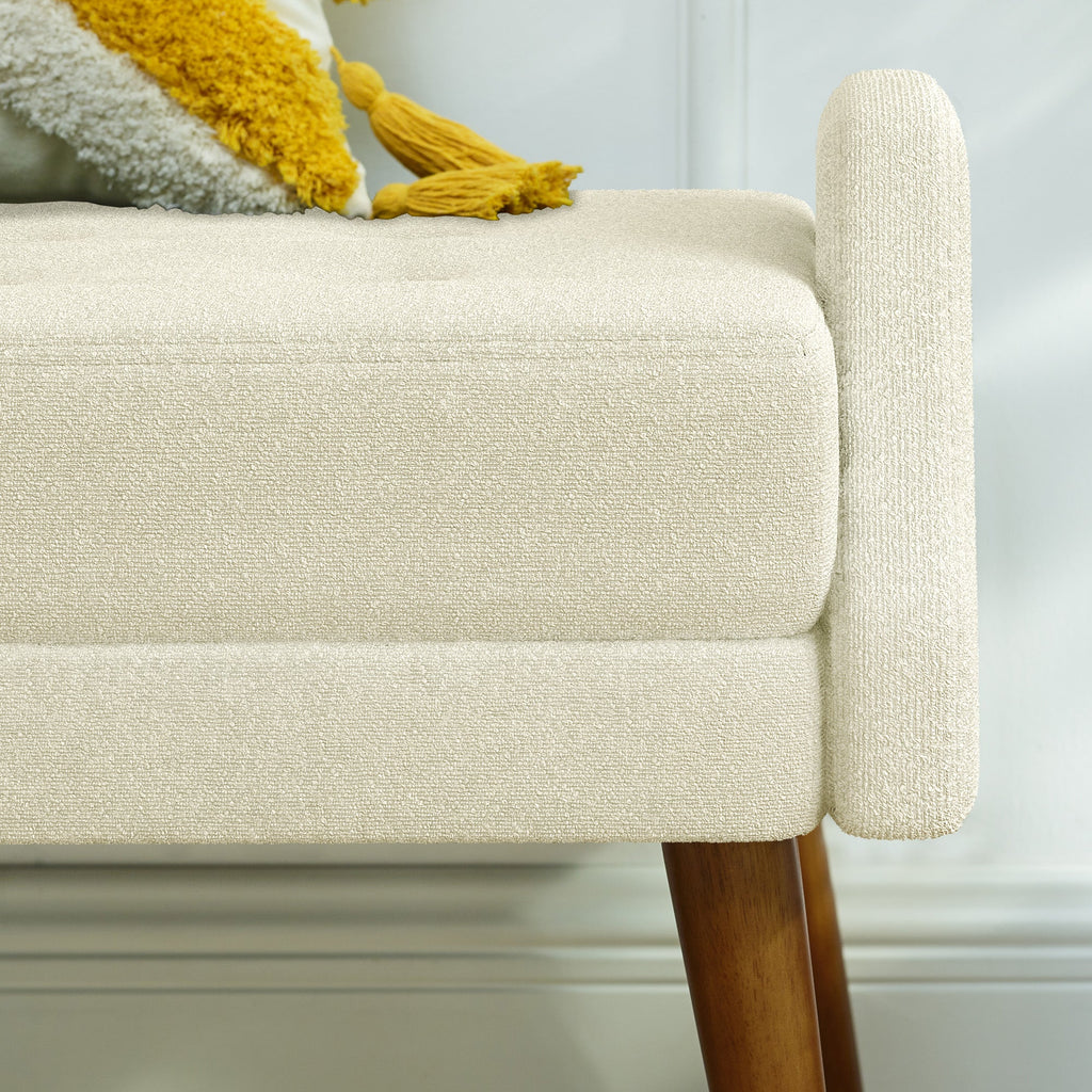 Modern Living Room Bench with Looped Yarn Fabric, Soft Cushion, Geometric Armrests & Rubber Wooden Legs, for Living Rooms, Bedrooms & Entrances