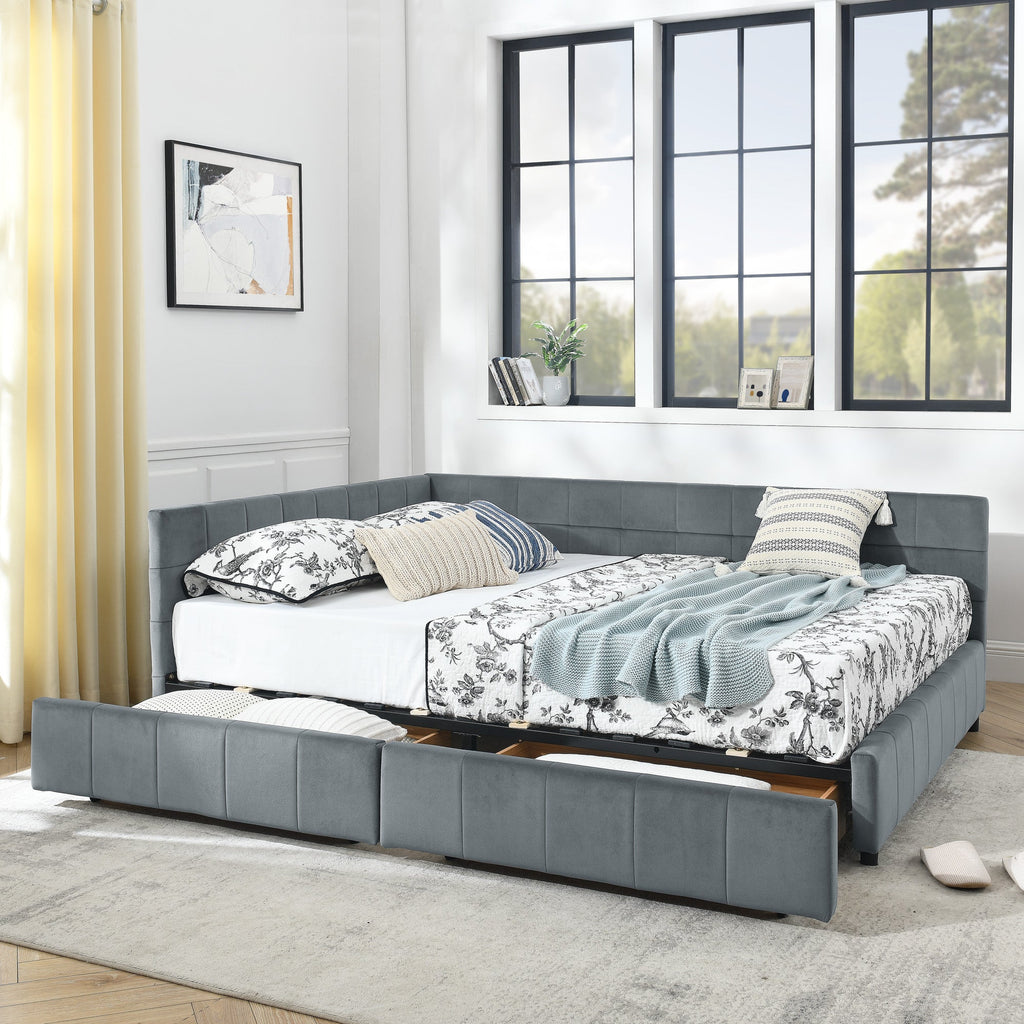 Queen Size Storage Upholstered Tufted Bed Frame with Sofa-Style Backrest & Armrests, Velvet Upholstery for Bedroom & Living Room