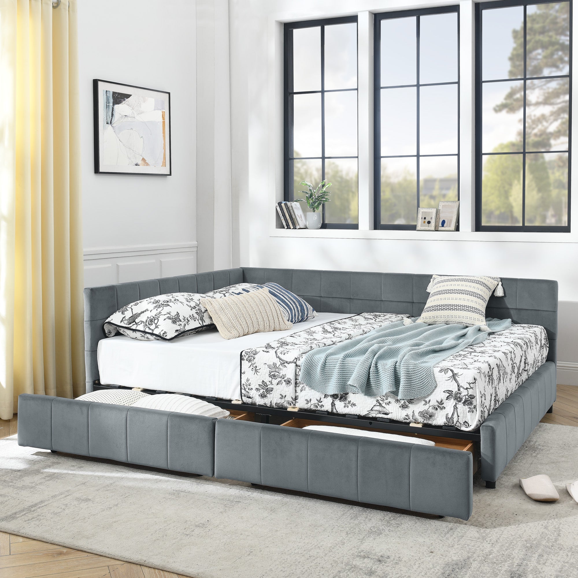 Queen Size Storage Upholstered Tufted Bed Frame with Sofa-Style Backrest & Armrests, Velvet Upholstery for Bedroom & Living Room
