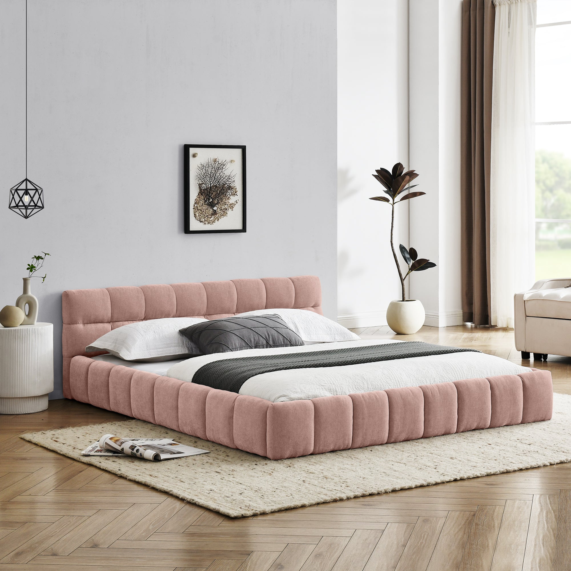 Queen Size Upholstered Bed Frame with Thick Fabric, Chenille Fabric Grounded Queen Size Platform Bed with Headboard and Solid Frame. No Box Spring Needed,(68''*86.5''*23.5'')