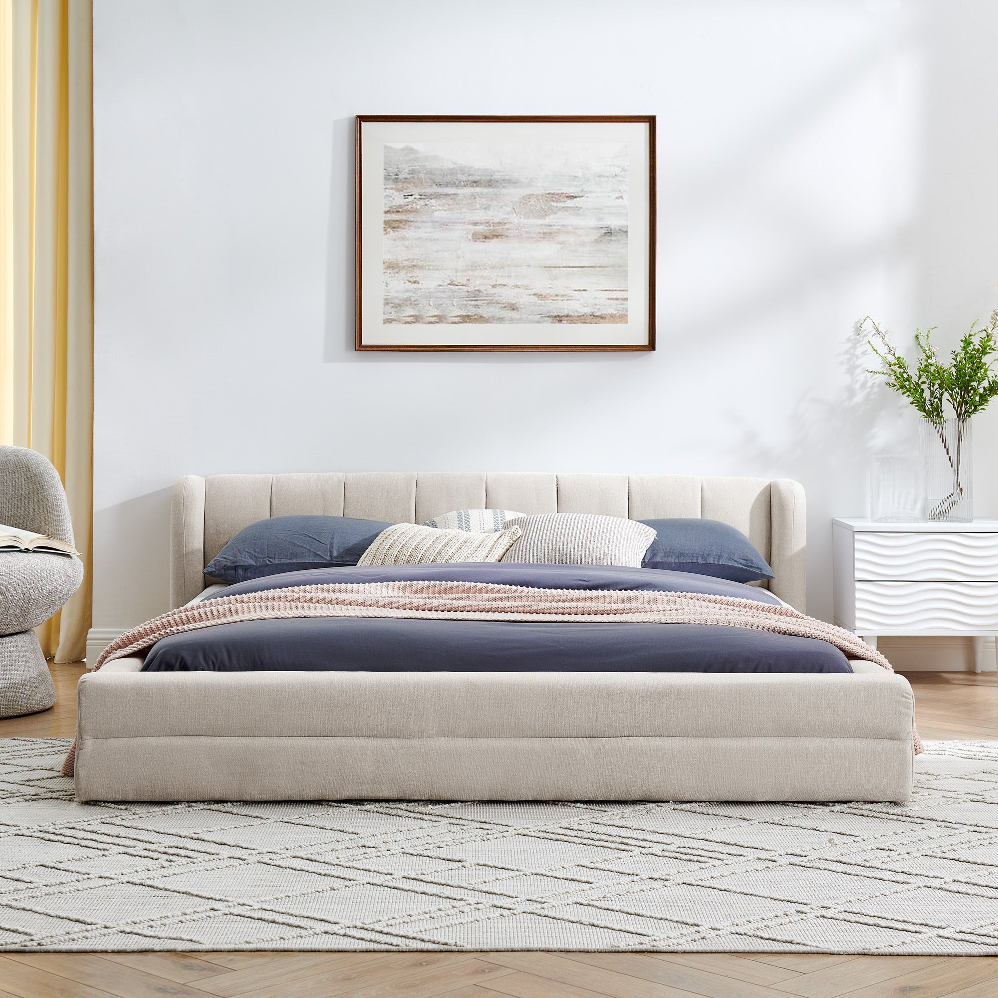 Queen Size Upholstered Bed Frame with Thick Fabric, Chenille Fabric Grounded Queen Size Platform Bed with Headboard and Solid Frame(87''*67''*23.5'')