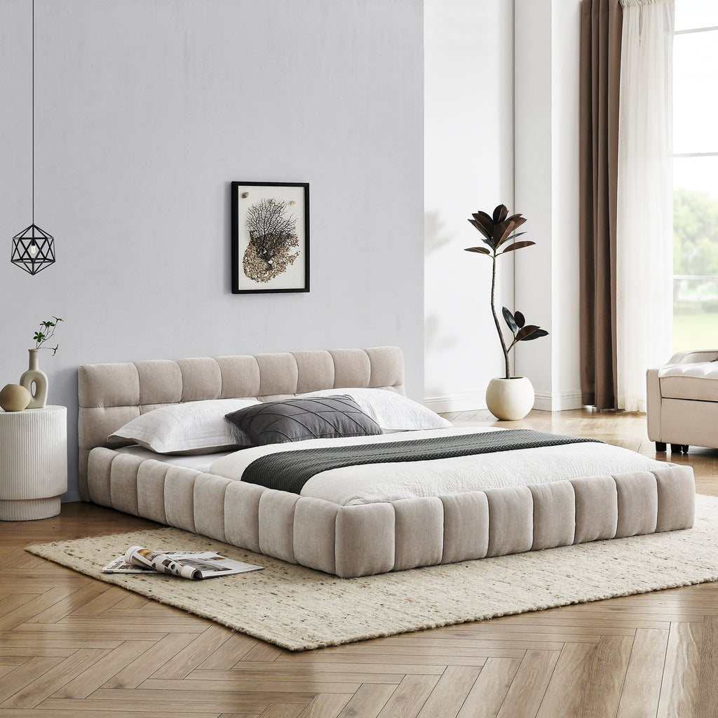 Queen Size Upholstered Bed Frame with Thick Fabric, Chenille Fabric Grounded Queen Size Platform Bed with Headboard and Solid Frame. No Box Spring Needed,(68''*86.5''*23.5'')