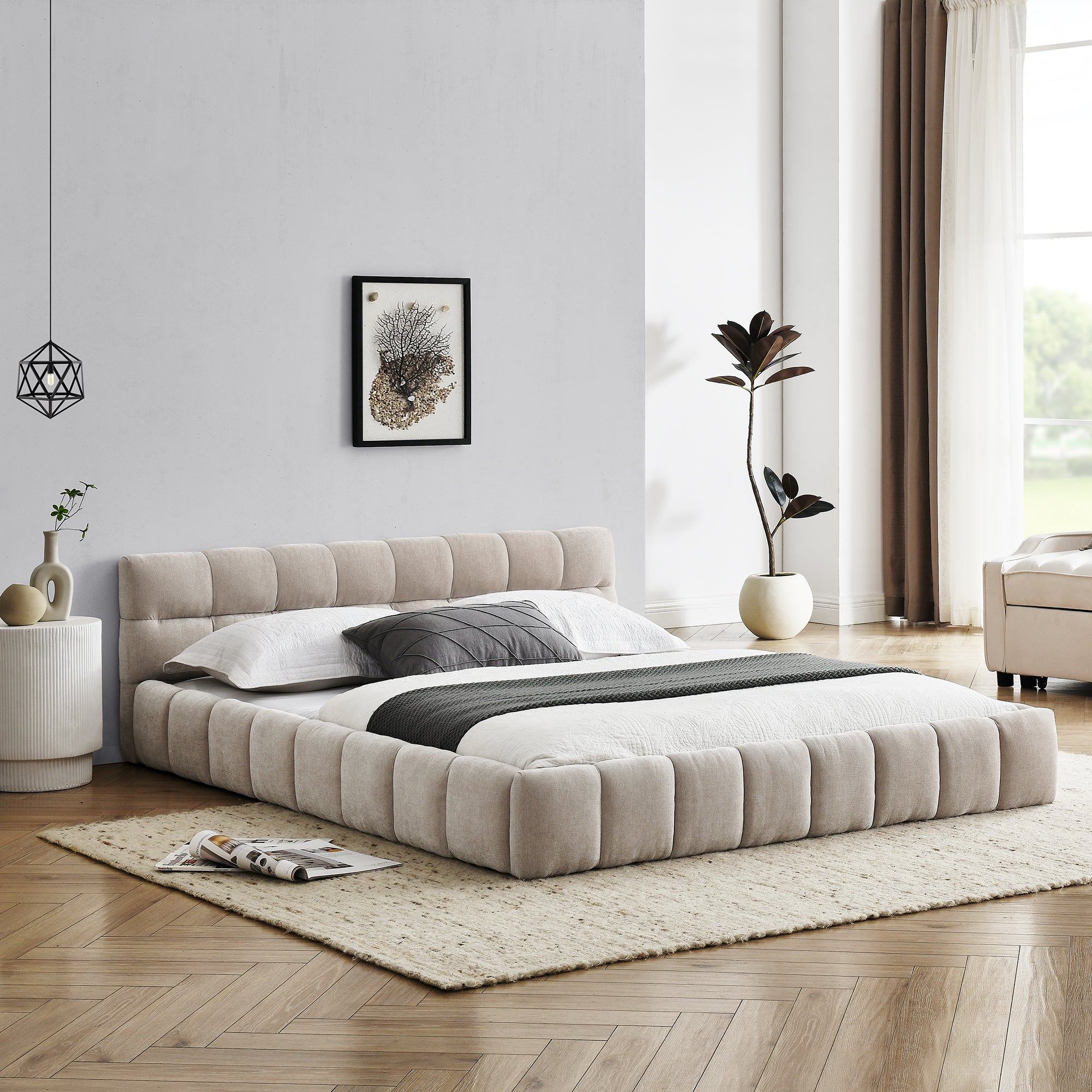 Queen Size Upholstered Bed Frame with Thick Fabric, Chenille Fabric Grounded Queen Size Platform Bed with Headboard and Solid Frame. No Box Spring Needed,(68''*86.5''*23.5'')