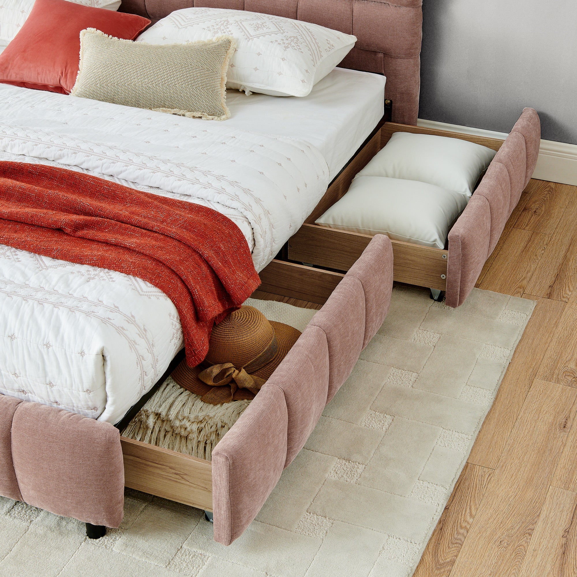 King Size Upholstered Bed ,comfortable upholstered bed frame, Chenille fabric, with headboard and solid bed frame. With drawer for storage.(88.5''*85.5''*31'')